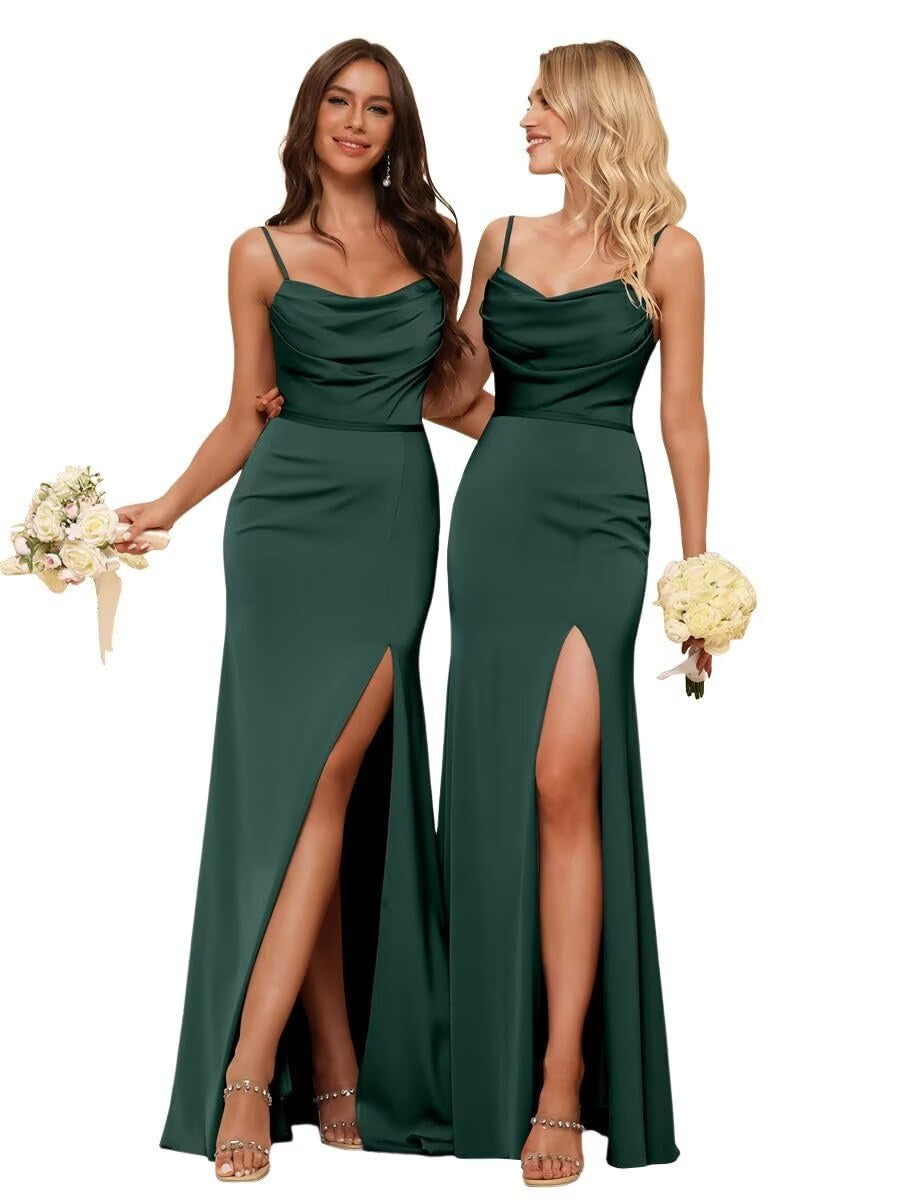 Sheath/Column Spaghetti Straps Sleeveless Floor Length Bridesmaid Dresses Satin with Ruffles Split