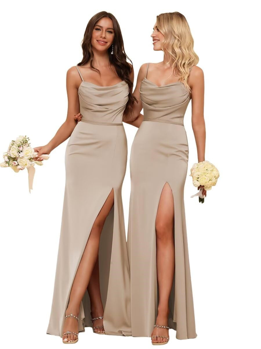 Sheath/Column Spaghetti Straps Sleeveless Floor Length Bridesmaid Dresses Satin with Ruffles Split