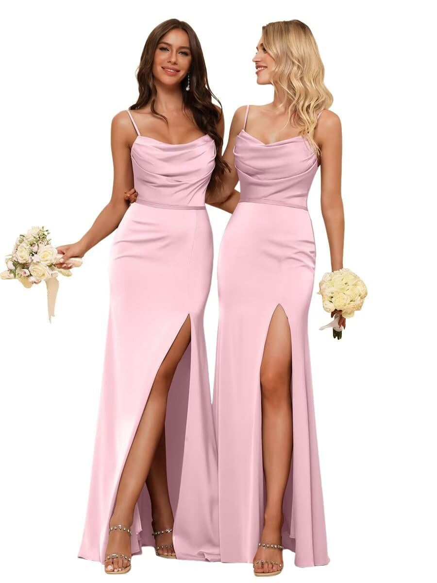 Sheath/Column Spaghetti Straps Sleeveless Floor Length Bridesmaid Dresses Satin with Ruffles Split