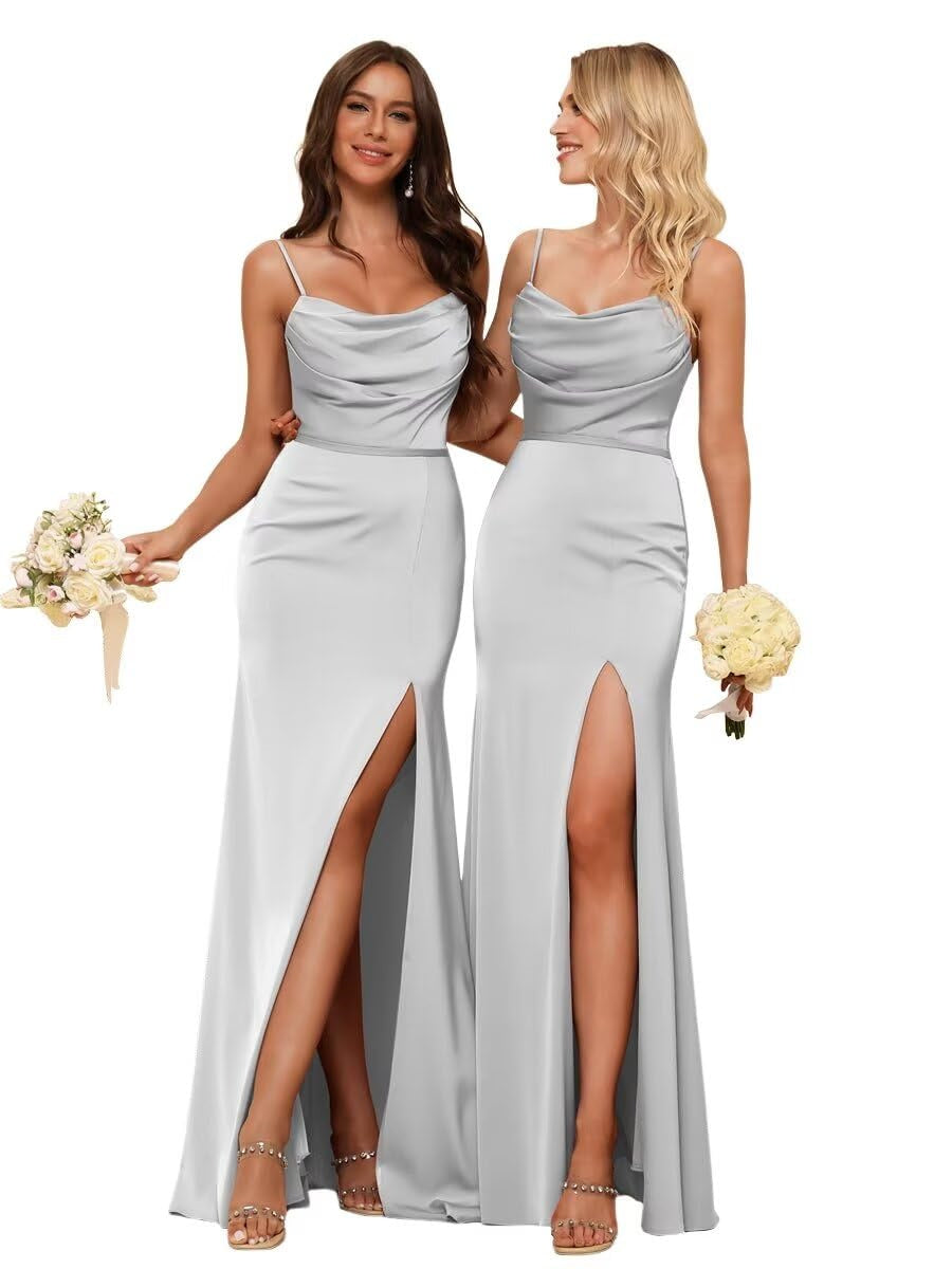 Sheath/Column Spaghetti Straps Sleeveless Floor Length Bridesmaid Dresses Satin with Ruffles Split