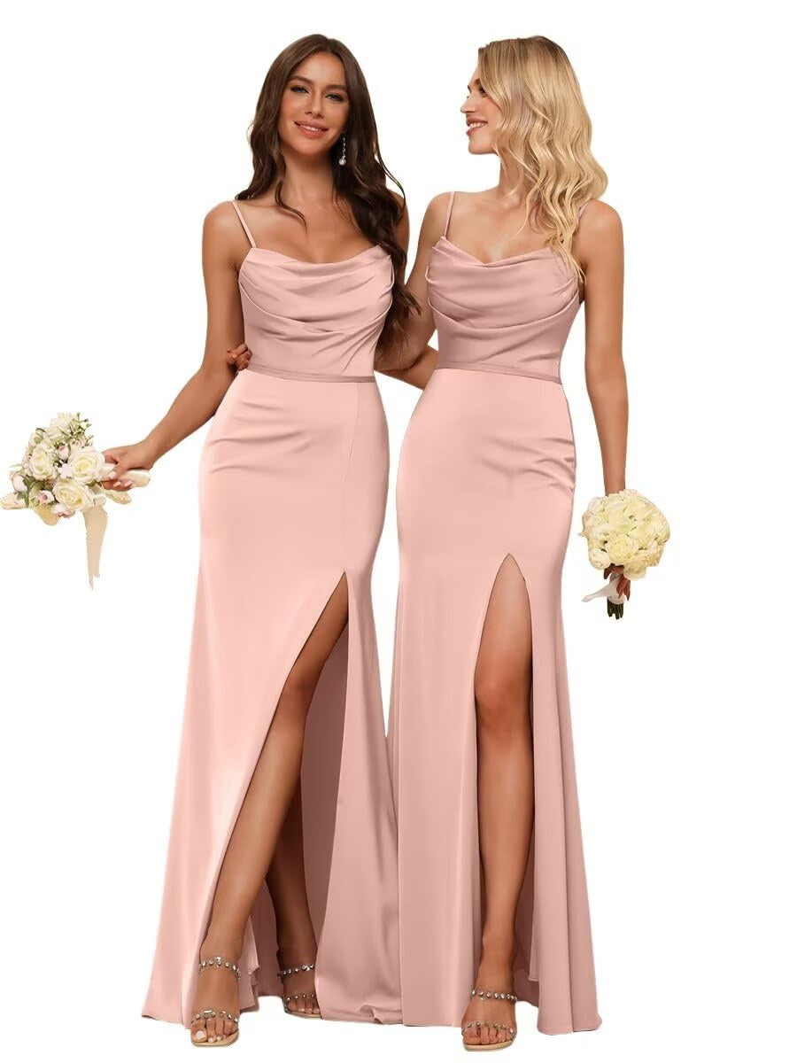 Sheath/Column Spaghetti Straps Sleeveless Floor Length Bridesmaid Dresses Satin with Ruffles Split