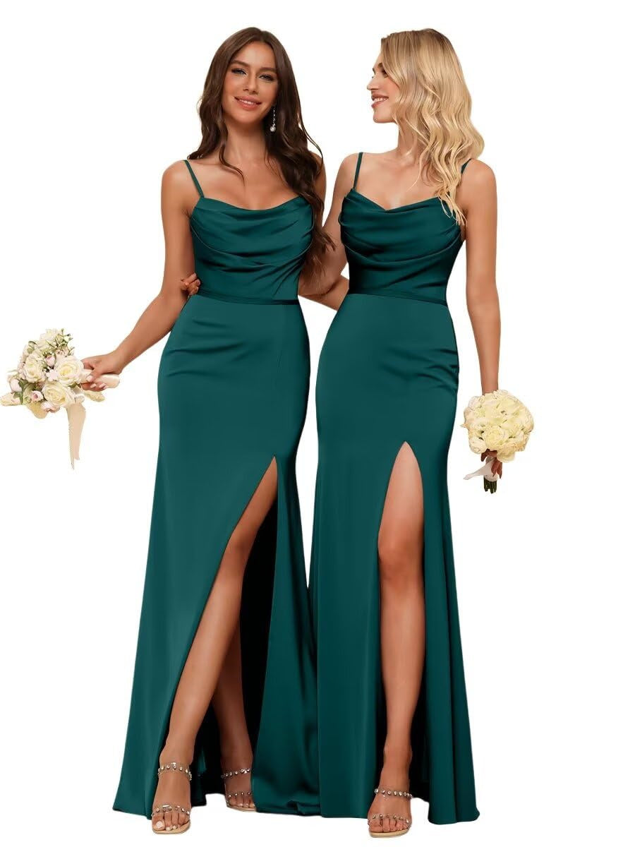 Sheath/Column Spaghetti Straps Sleeveless Floor Length Bridesmaid Dresses Satin with Ruffles Split