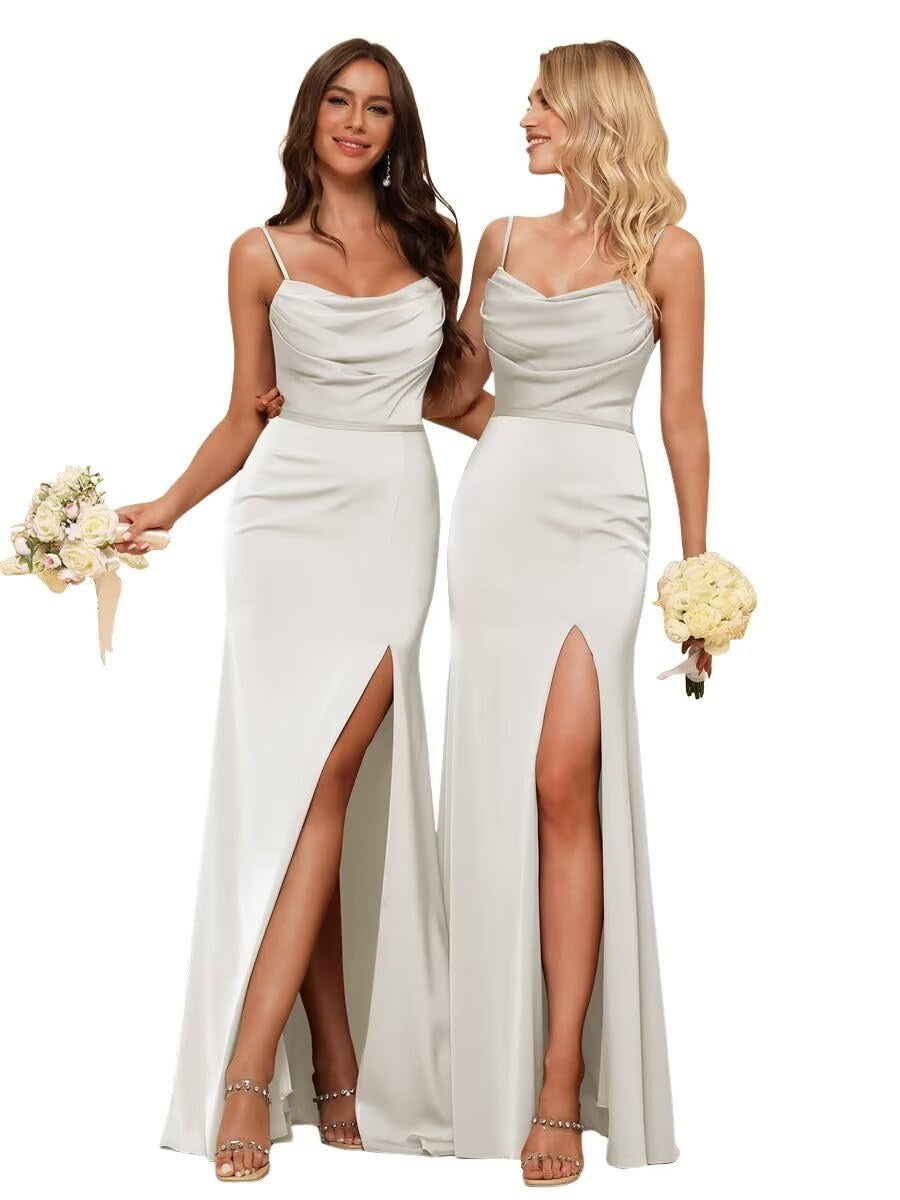 Sheath/Column Spaghetti Straps Sleeveless Floor Length Bridesmaid Dresses Satin with Ruffles Split