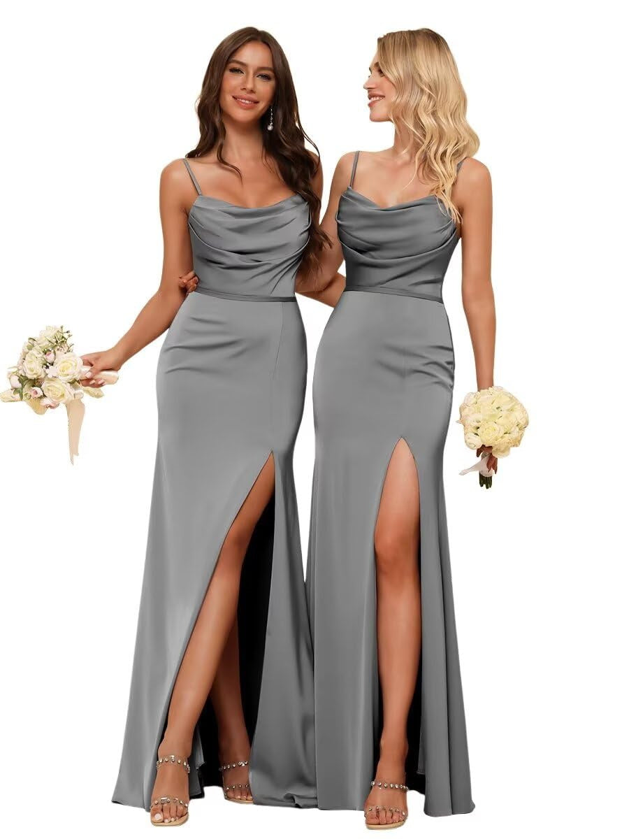 Sheath/Column Spaghetti Straps Sleeveless Floor Length Bridesmaid Dresses Satin with Ruffles Split
