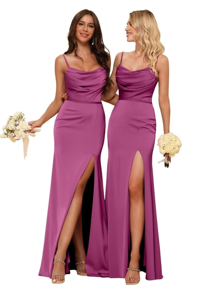 Sheath/Column Spaghetti Straps Sleeveless Floor Length Bridesmaid Dresses Satin with Ruffles Split