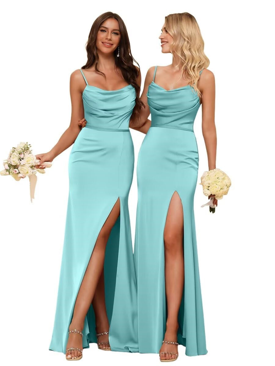 Sheath/Column Spaghetti Straps Sleeveless Floor Length Bridesmaid Dresses Satin with Ruffles Split