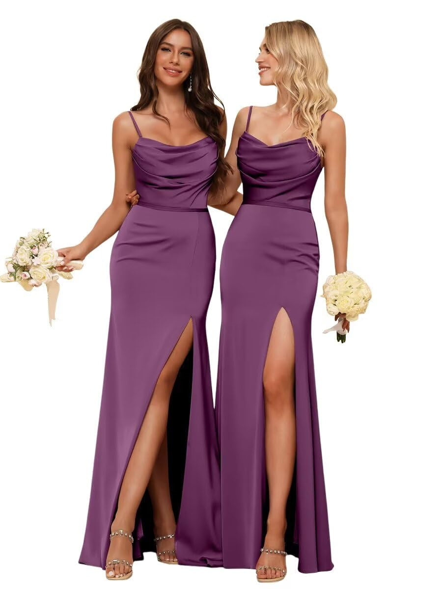 Sheath/Column Spaghetti Straps Sleeveless Floor Length Bridesmaid Dresses Satin with Ruffles Split