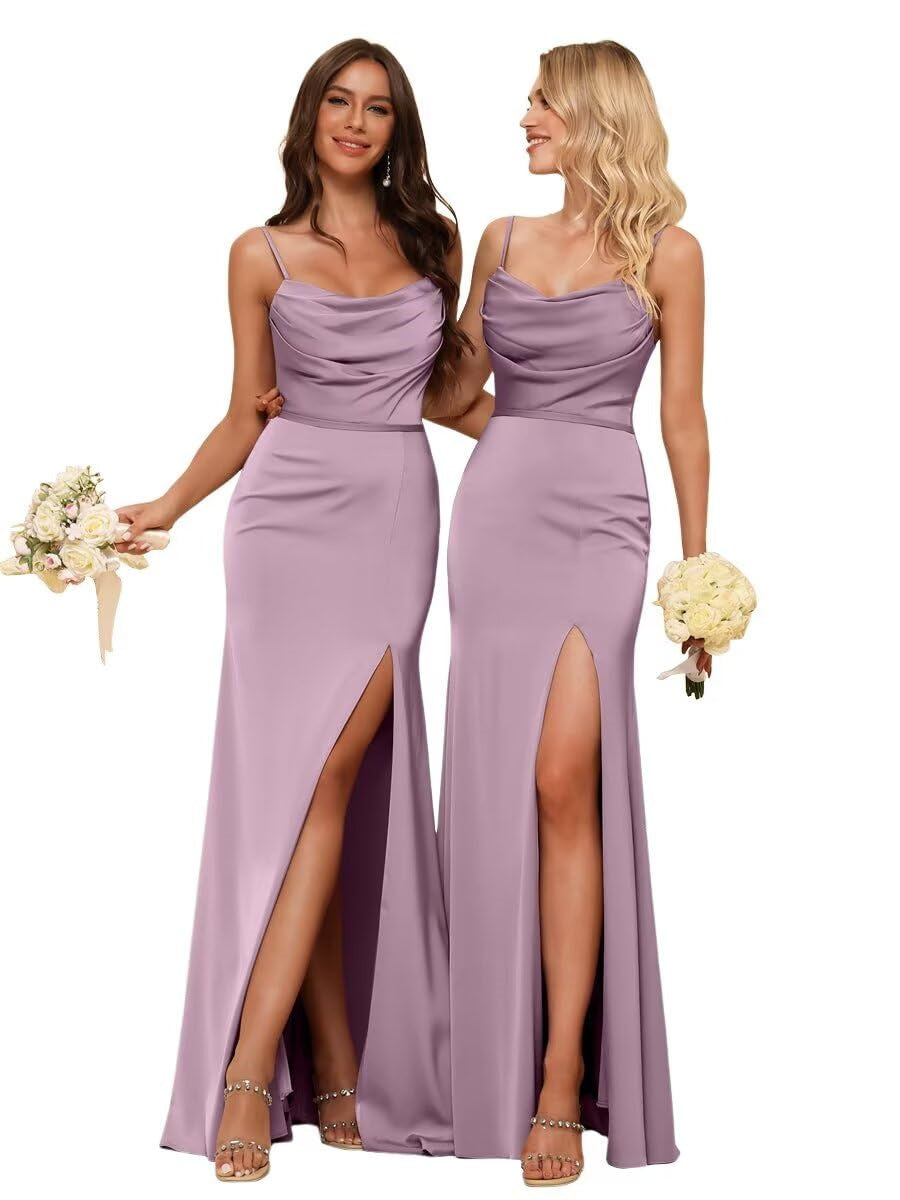 Sheath/Column Spaghetti Straps Sleeveless Floor Length Bridesmaid Dresses Satin with Ruffles Split