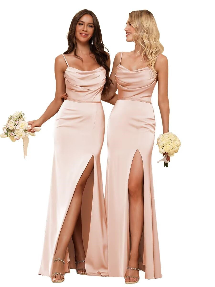 Sheath/Column Spaghetti Straps Sleeveless Floor Length Bridesmaid Dresses Satin with Ruffles Split