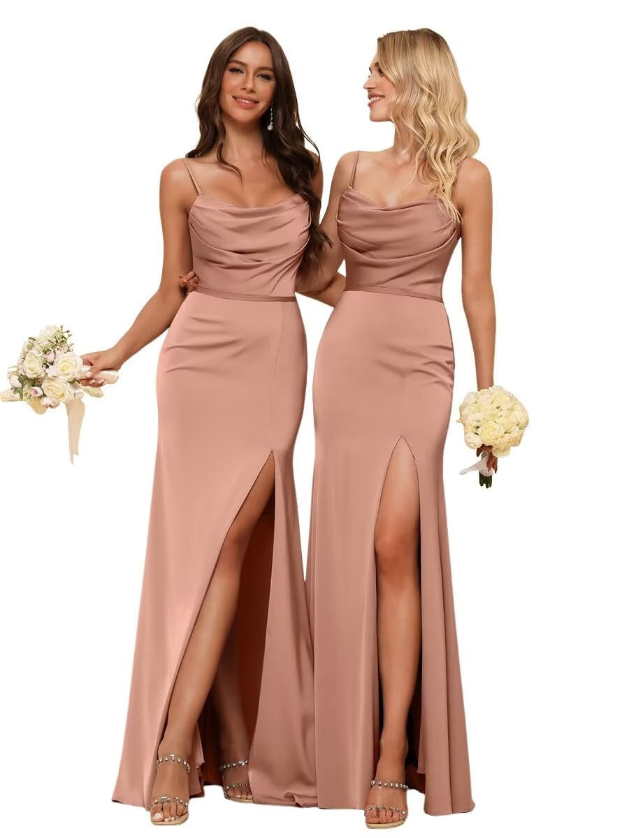 Sheath/Column Spaghetti Straps Sleeveless Floor Length Bridesmaid Dresses Satin with Ruffles Split