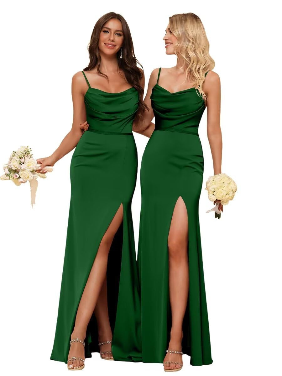 Sheath/Column Spaghetti Straps Sleeveless Floor Length Bridesmaid Dresses Satin with Ruffles Split