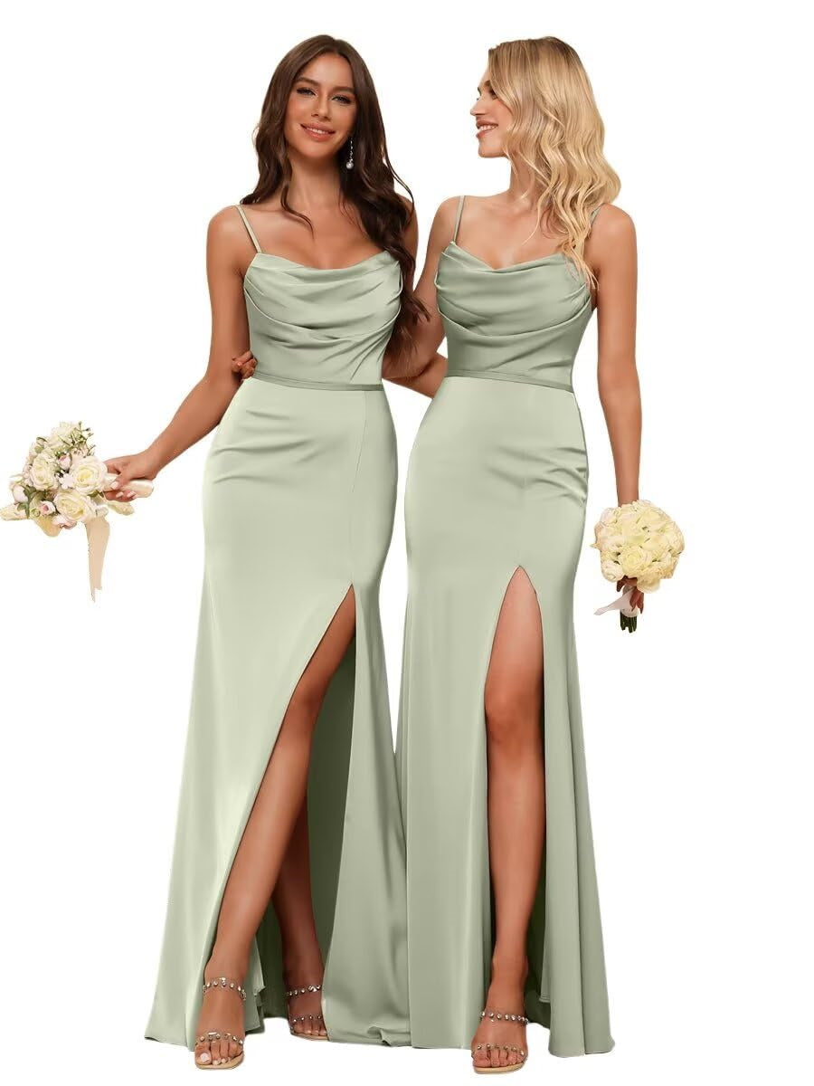 Sheath/Column Spaghetti Straps Sleeveless Floor Length Bridesmaid Dresses Satin with Ruffles Split