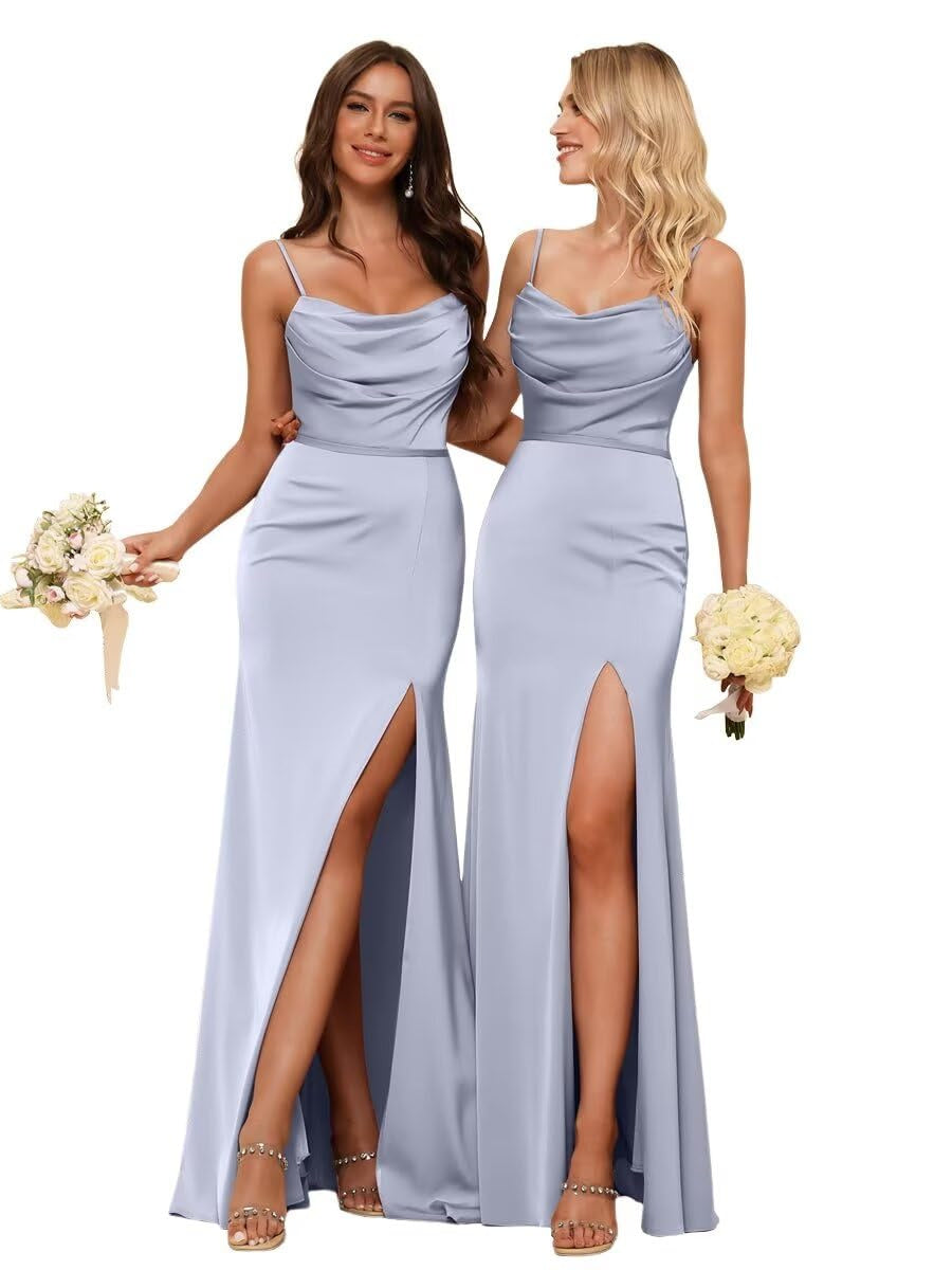 Sheath/Column Spaghetti Straps Sleeveless Floor Length Bridesmaid Dresses Satin with Ruffles Split