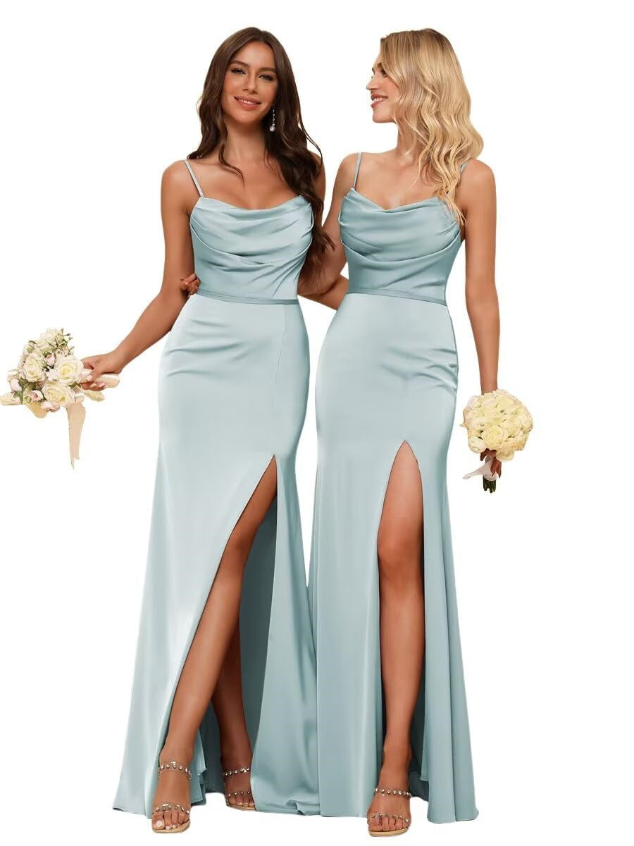 Sheath/Column Spaghetti Straps Sleeveless Floor Length Bridesmaid Dresses Satin with Ruffles Split