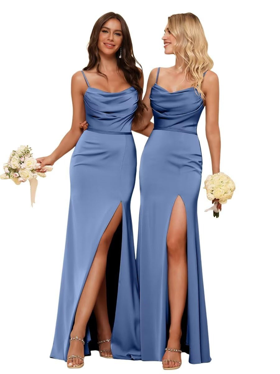 Sheath/Column Spaghetti Straps Sleeveless Floor Length Bridesmaid Dresses Satin with Ruffles Split