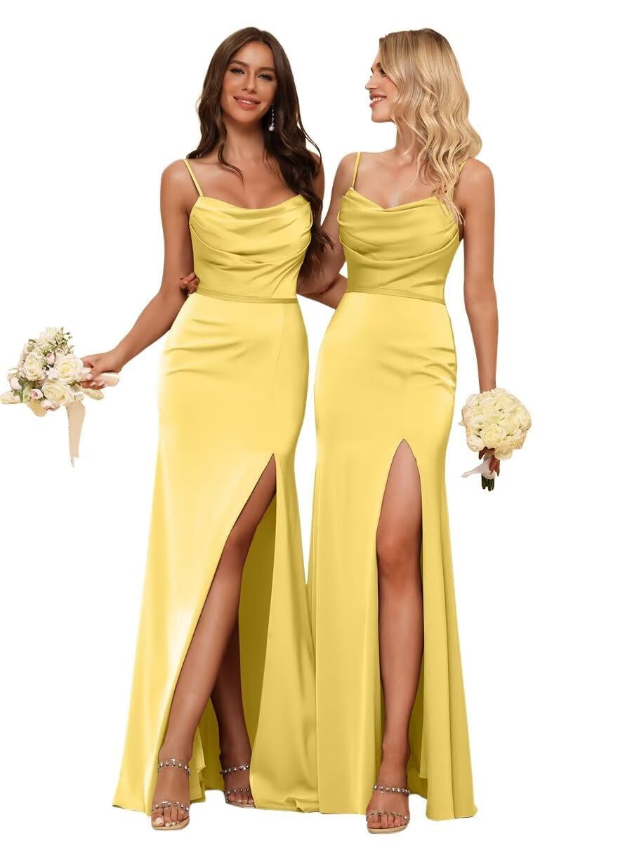 Sheath/Column Spaghetti Straps Sleeveless Floor Length Bridesmaid Dresses Satin with Ruffles Split