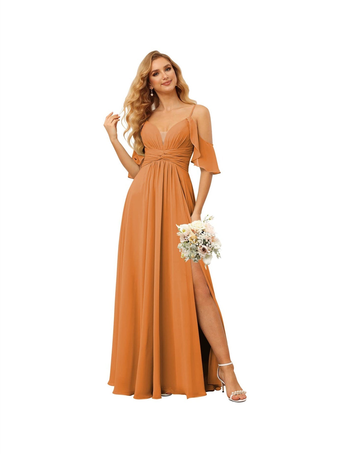 A-Line/Princess Spaghetti Straps Sleeveless Floor Length Bridesmaid Dresses Chiffon with Ruffles Split