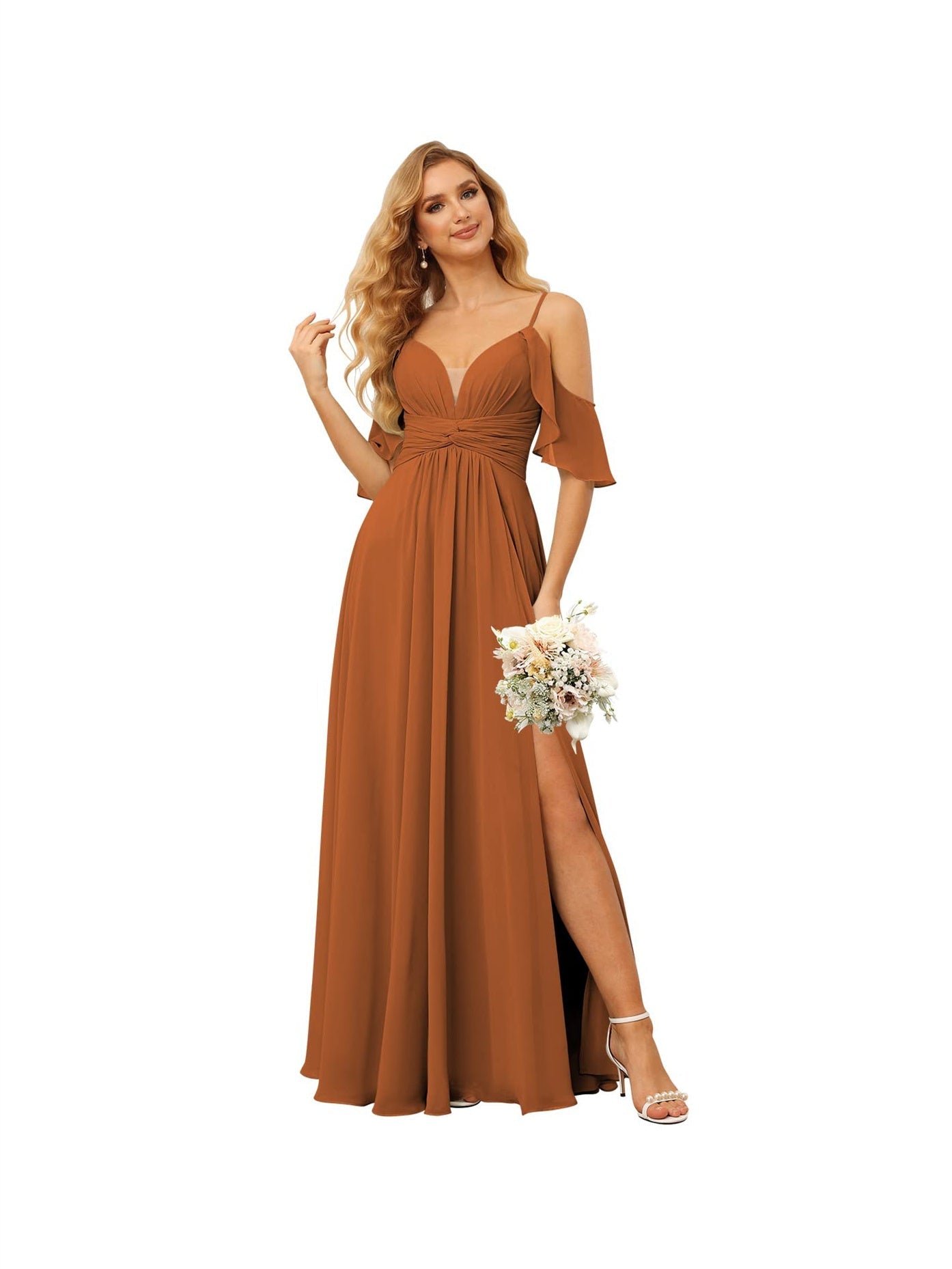 A-Line/Princess Spaghetti Straps Sleeveless Floor Length Bridesmaid Dresses Chiffon with Ruffles Split