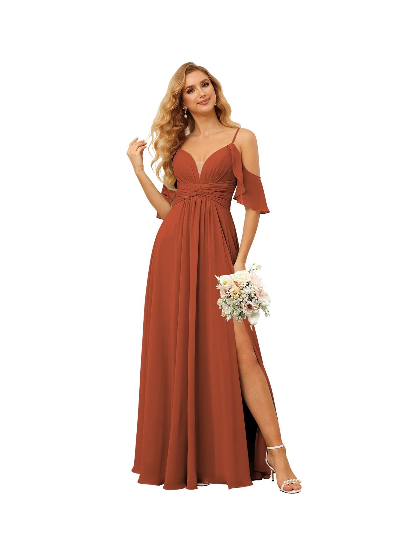 A-Line/Princess Spaghetti Straps Sleeveless Floor Length Bridesmaid Dresses Chiffon with Ruffles Split