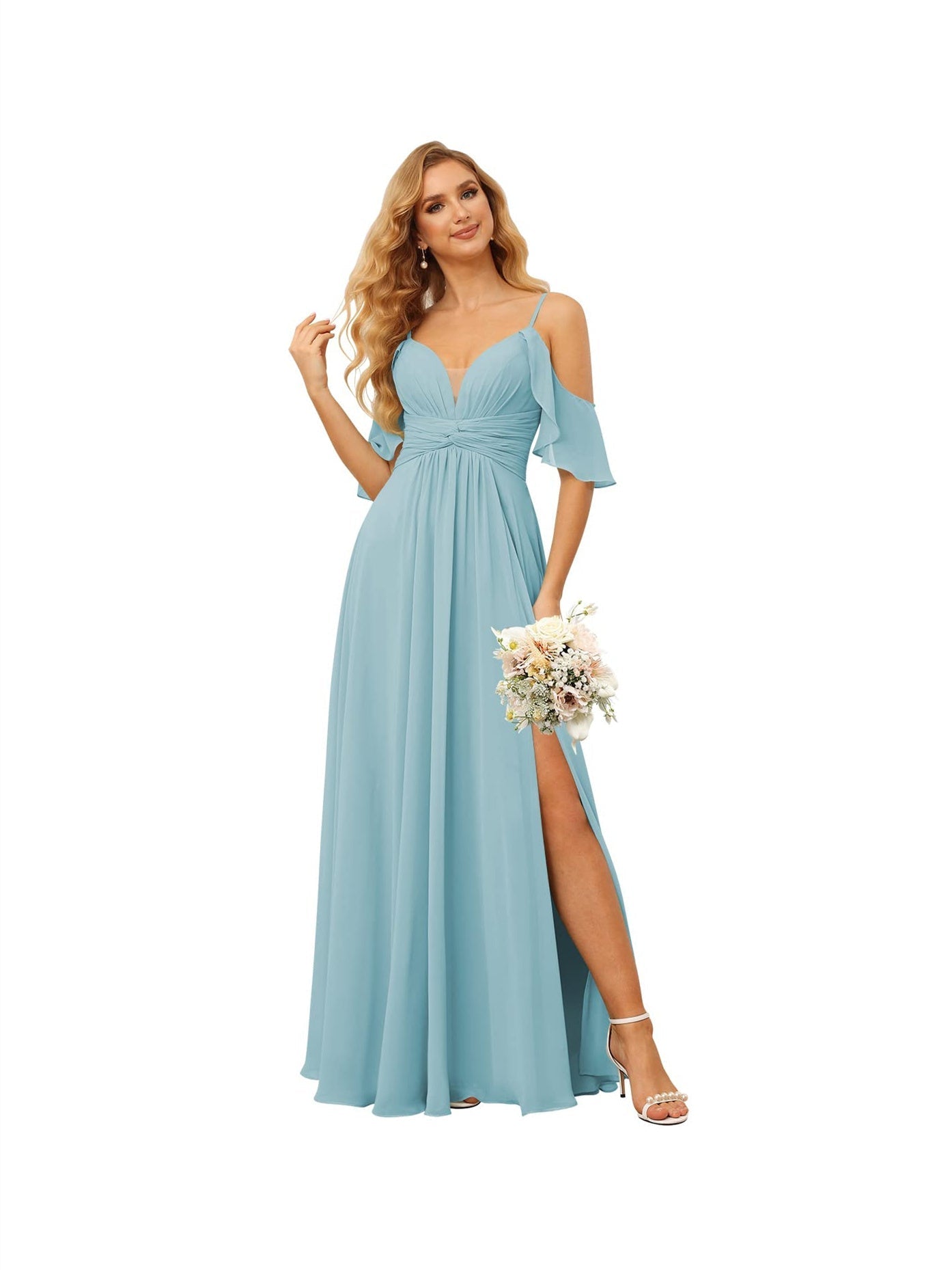 A-Line/Princess Spaghetti Straps Sleeveless Floor Length Bridesmaid Dresses Chiffon with Ruffles Split