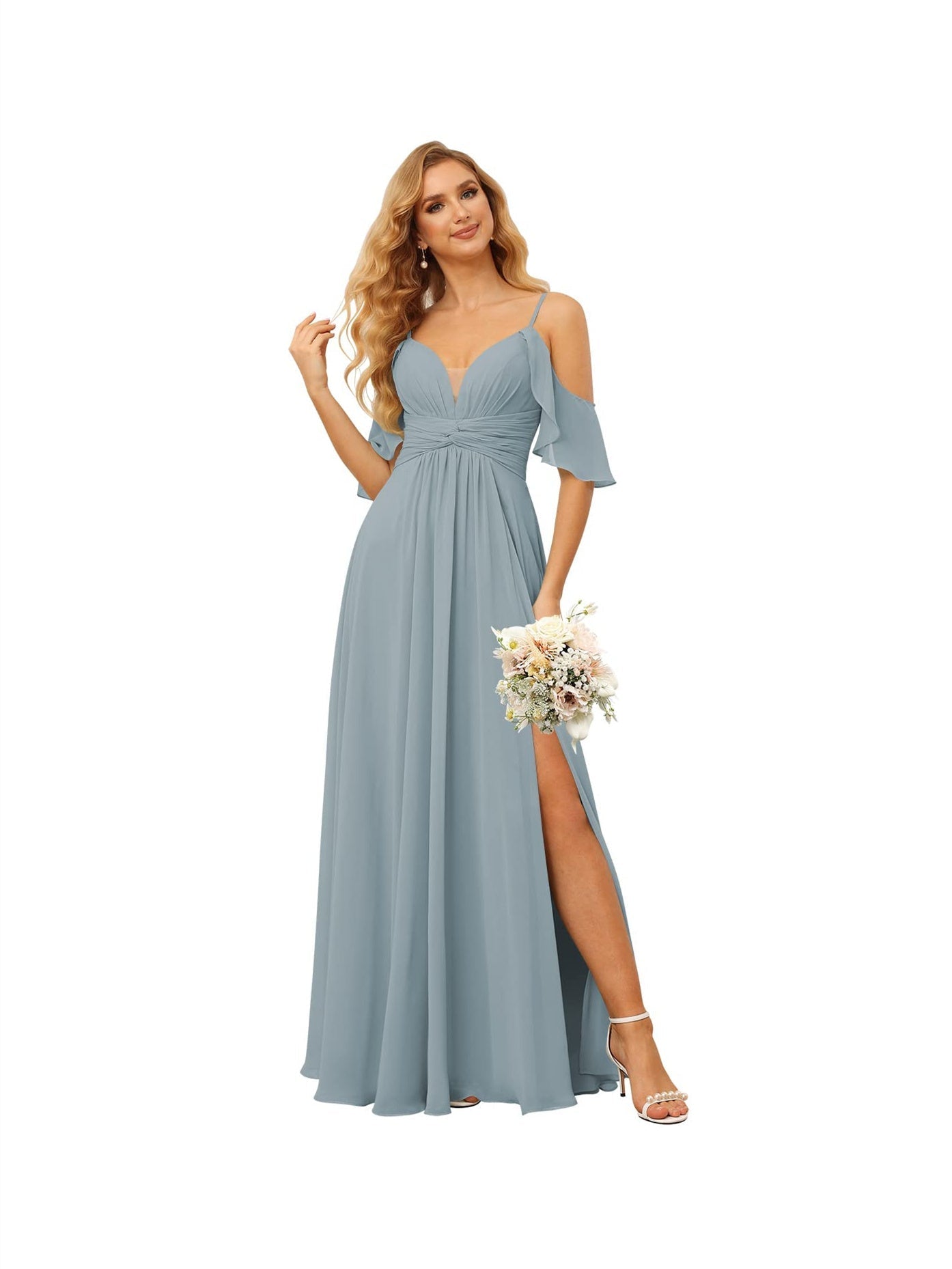 A-Line/Princess Spaghetti Straps Sleeveless Floor Length Bridesmaid Dresses Chiffon with Ruffles Split