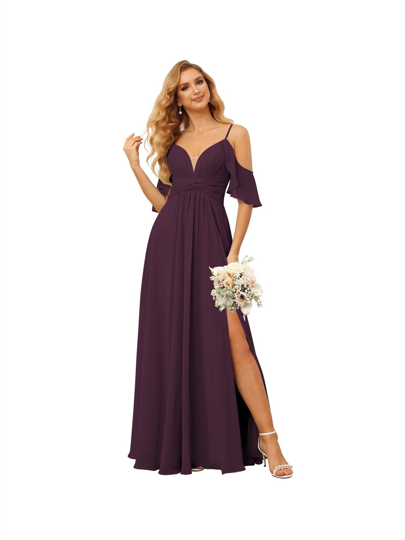 A-Line/Princess Spaghetti Straps Sleeveless Floor Length Bridesmaid Dresses Chiffon with Ruffles Split