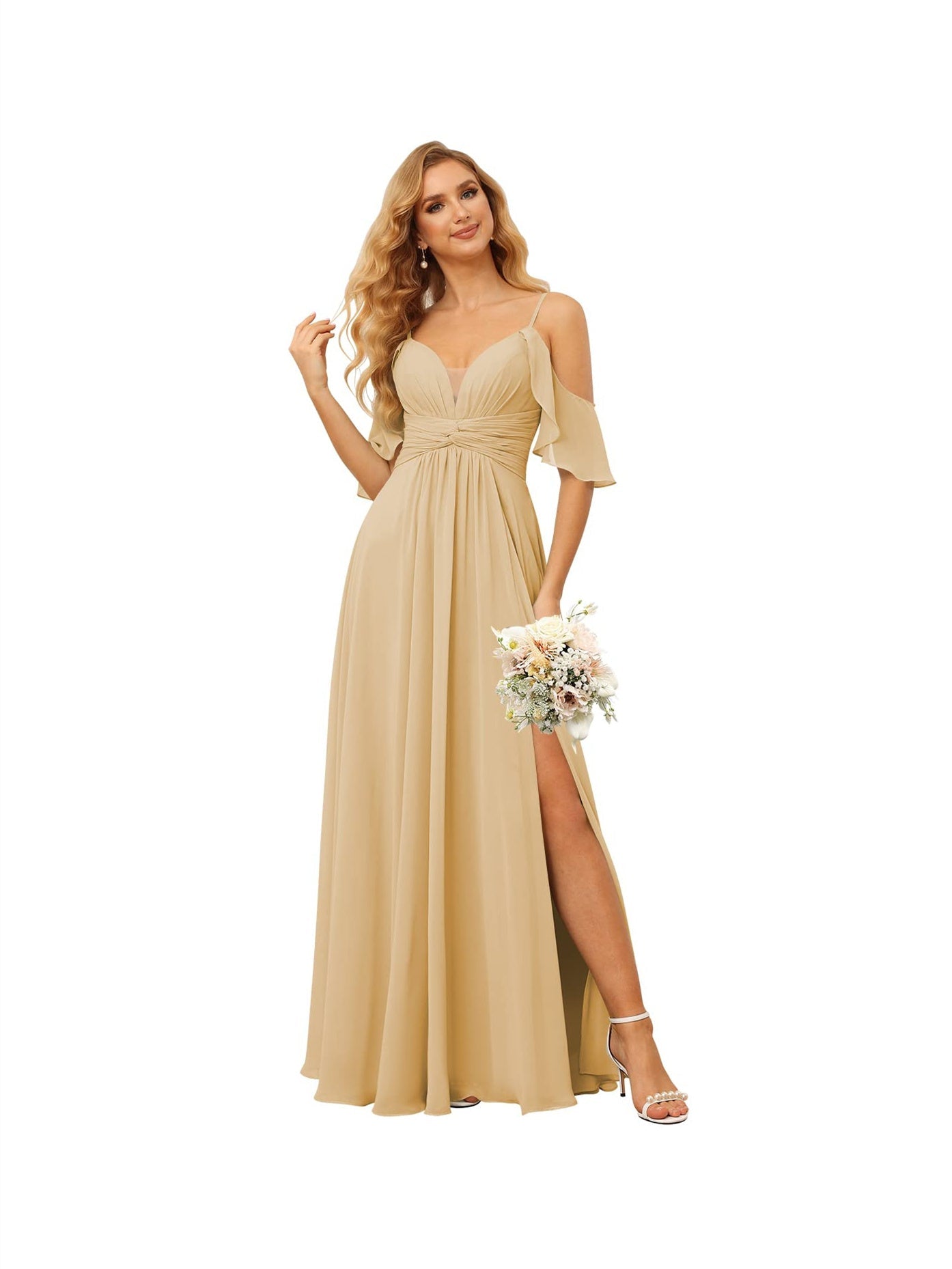 A-Line/Princess Spaghetti Straps Sleeveless Floor Length Bridesmaid Dresses Chiffon with Ruffles Split