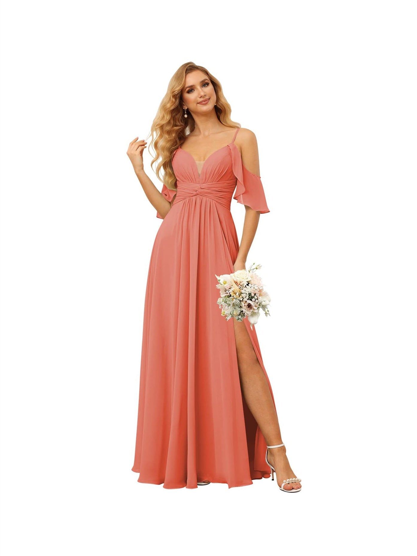 A-Line/Princess Spaghetti Straps Sleeveless Floor Length Bridesmaid Dresses Chiffon with Ruffles Split