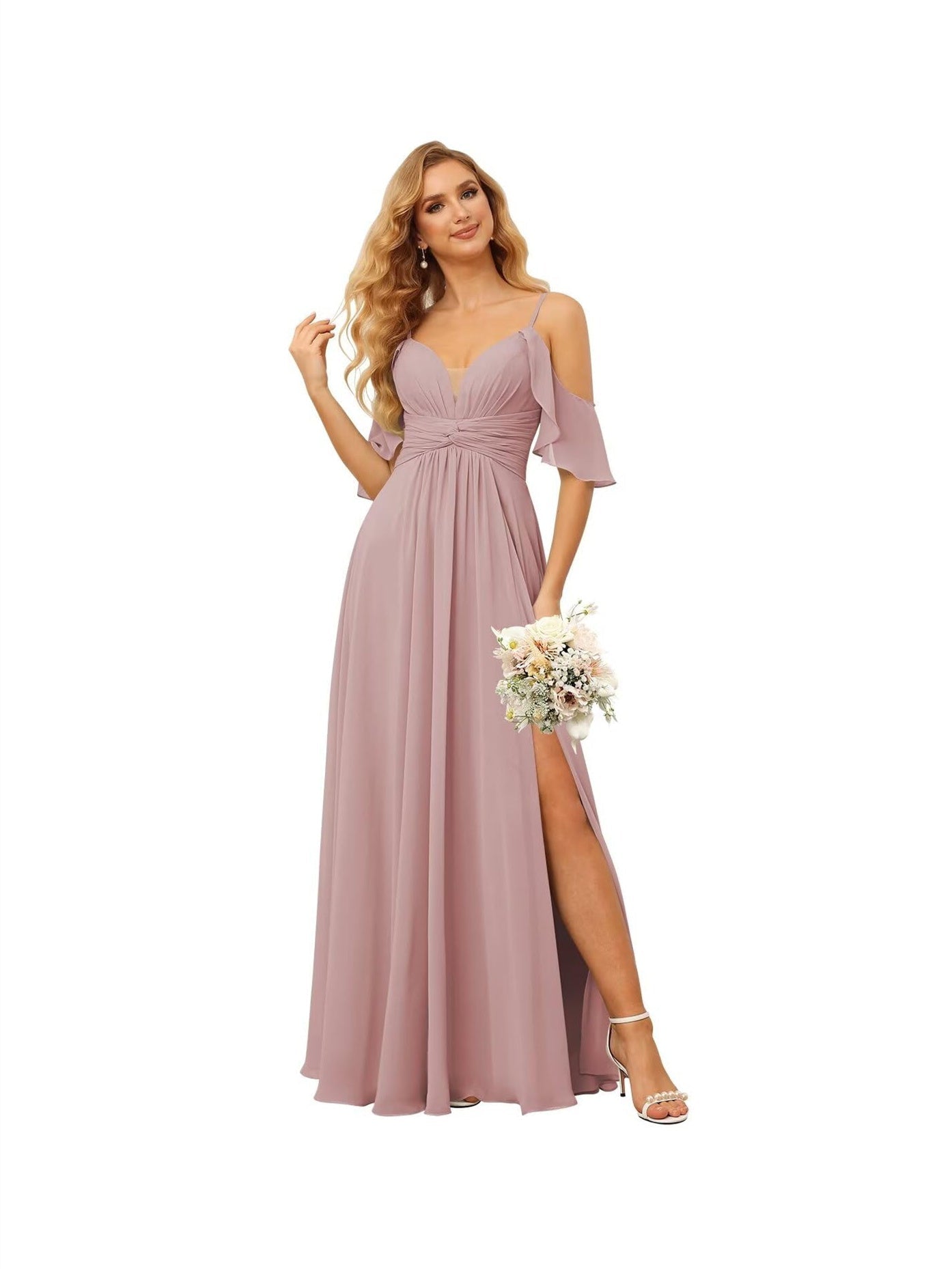 A-Line/Princess Spaghetti Straps Sleeveless Floor Length Bridesmaid Dresses Chiffon with Ruffles Split