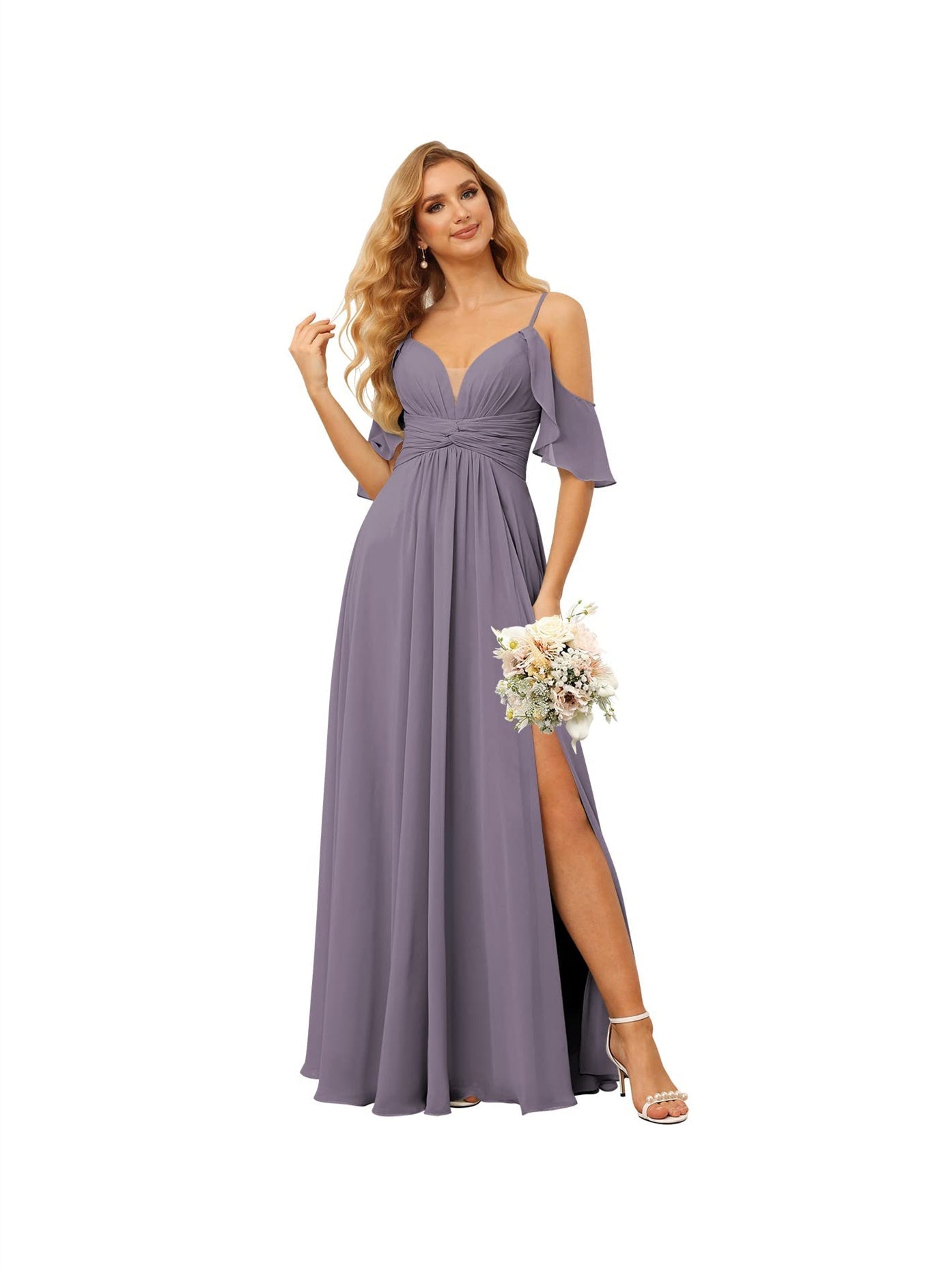 A-Line/Princess Spaghetti Straps Sleeveless Floor Length Bridesmaid Dresses Chiffon with Ruffles Split