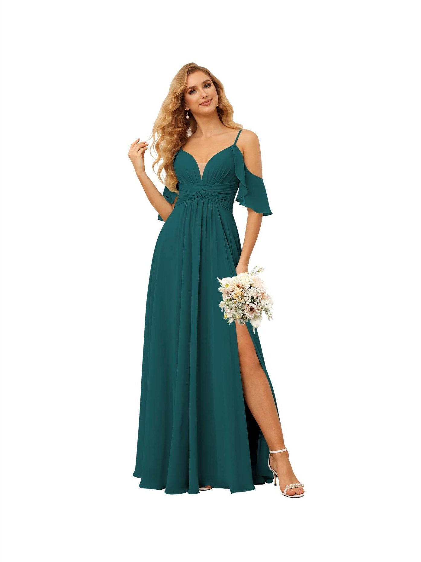 A-Line/Princess Spaghetti Straps Sleeveless Floor Length Bridesmaid Dresses Chiffon with Ruffles Split