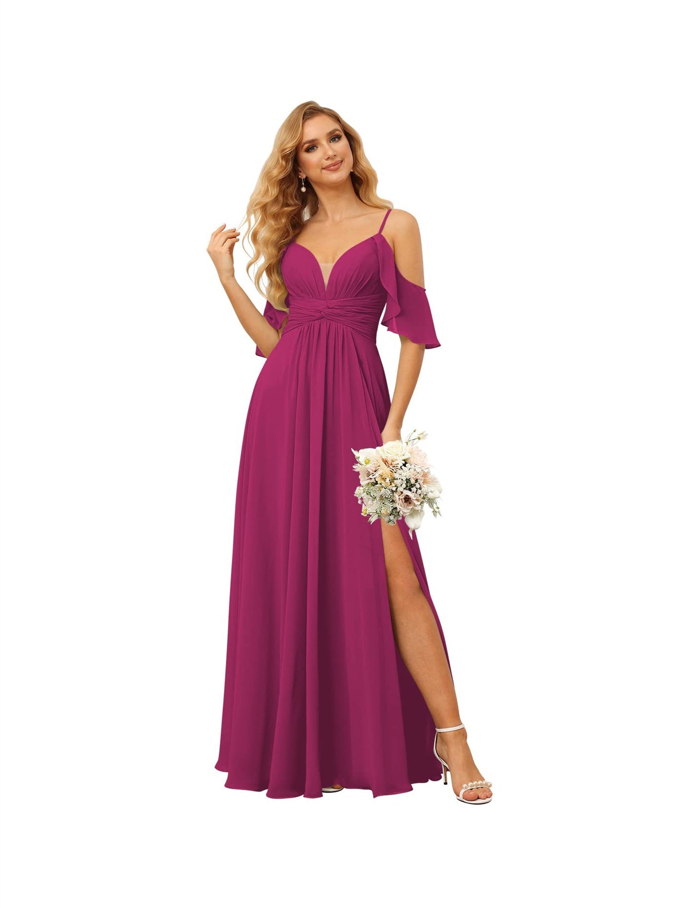 A-Line/Princess Spaghetti Straps Sleeveless Floor Length Bridesmaid Dresses Chiffon with Ruffles Split