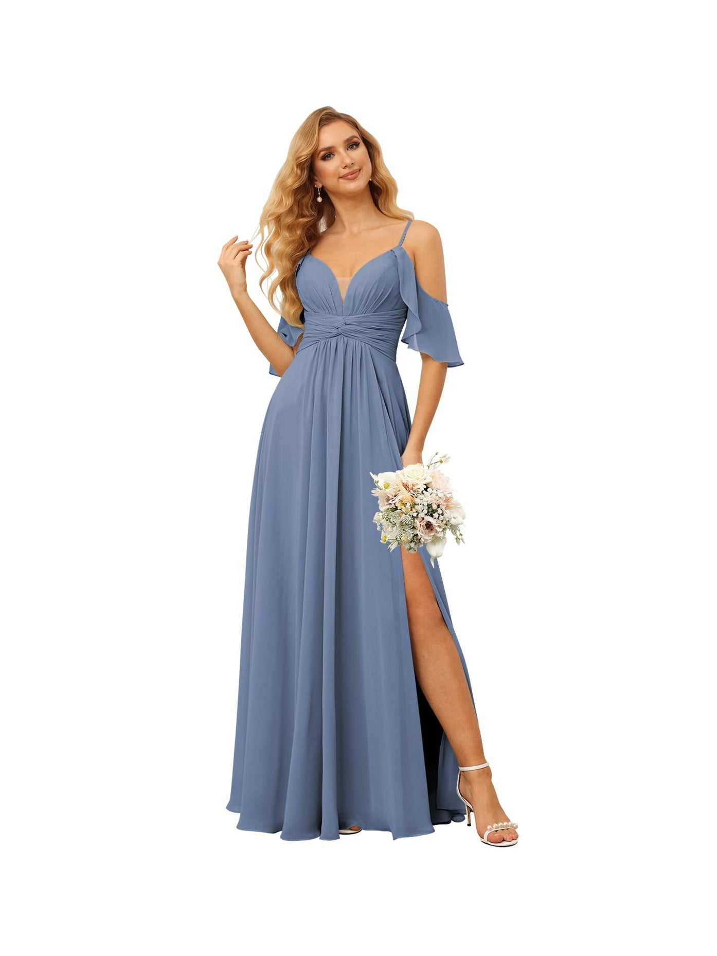 A-Line/Princess Spaghetti Straps Sleeveless Floor Length Bridesmaid Dresses Chiffon with Ruffles Split