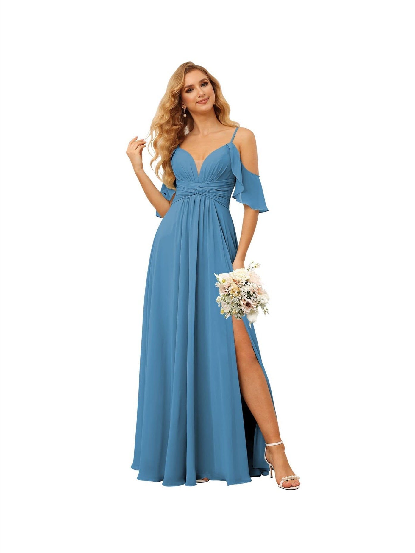 A-Line/Princess Spaghetti Straps Sleeveless Floor Length Bridesmaid Dresses Chiffon with Ruffles Split
