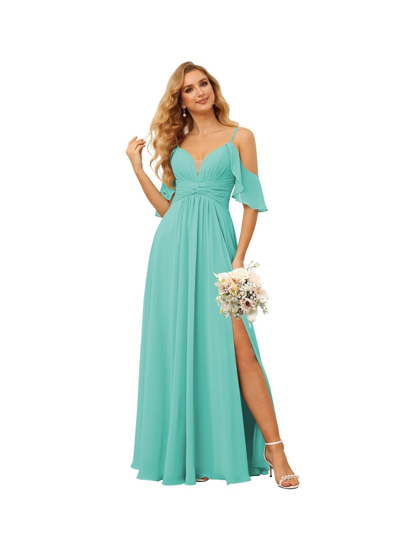 A-Line/Princess Spaghetti Straps Sleeveless Floor Length Bridesmaid Dresses Chiffon with Ruffles Split