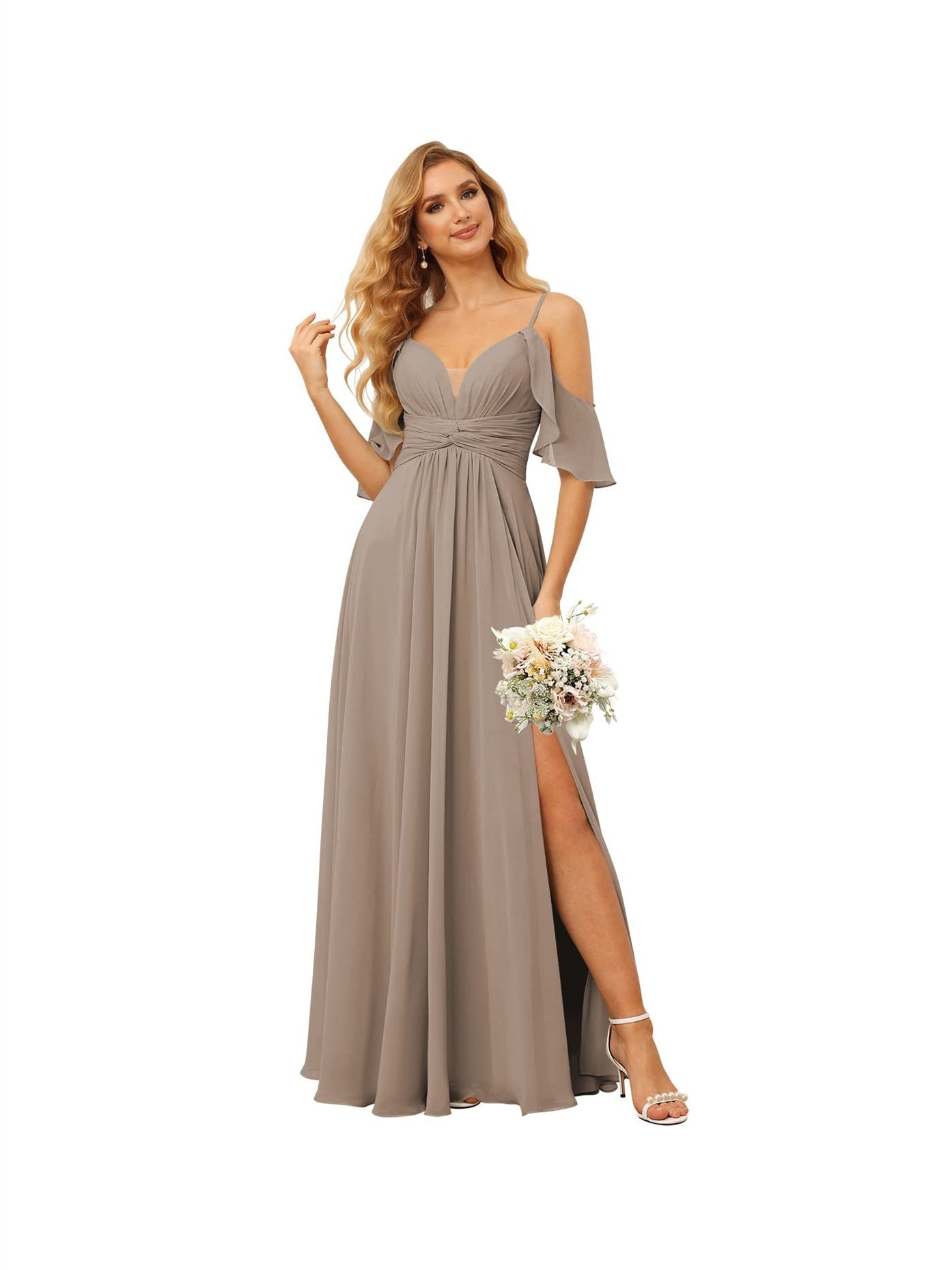 A-Line/Princess Spaghetti Straps Sleeveless Floor Length Bridesmaid Dresses Chiffon with Ruffles Split