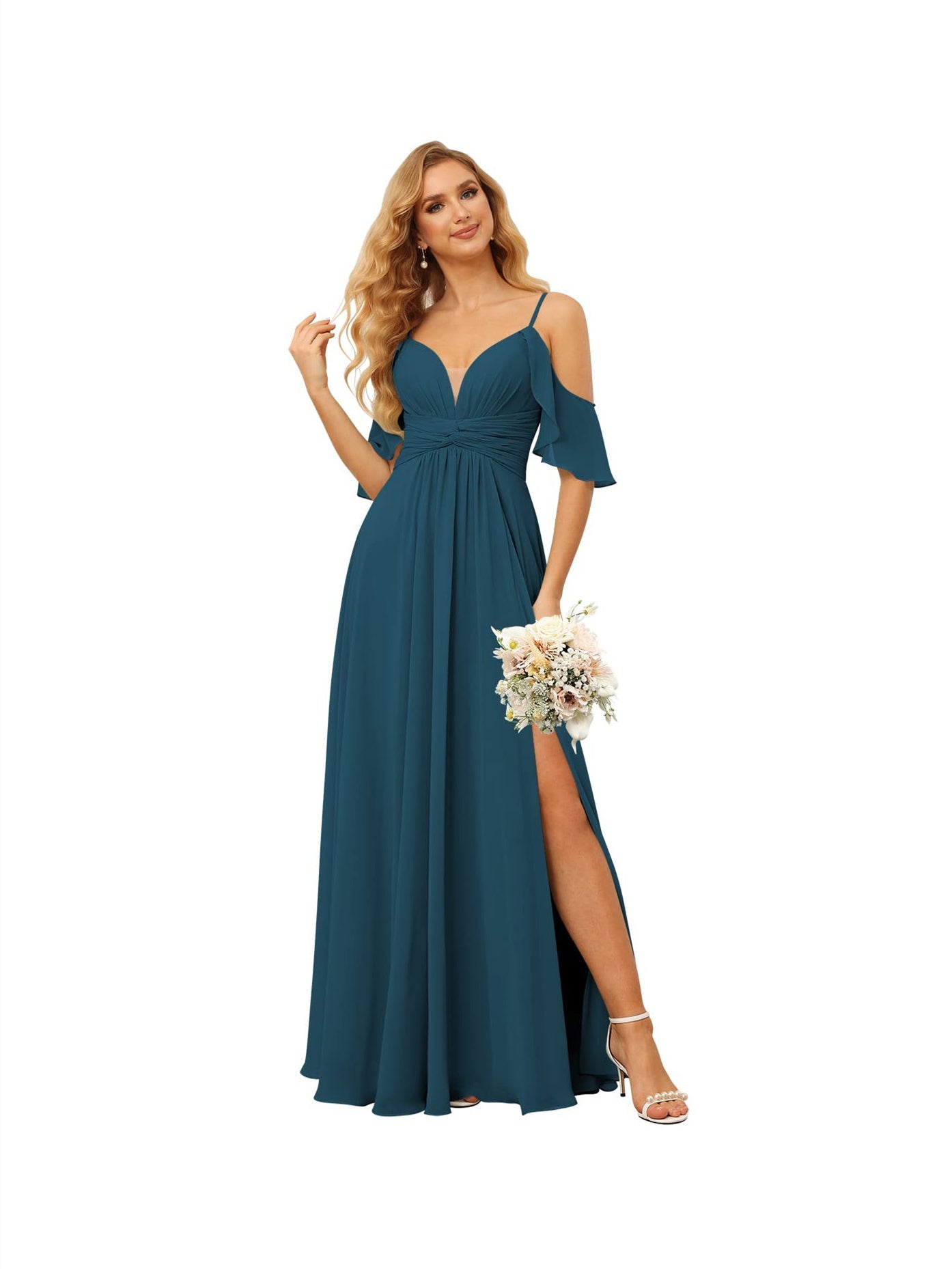 A-Line/Princess Spaghetti Straps Sleeveless Floor Length Bridesmaid Dresses Chiffon with Ruffles Split