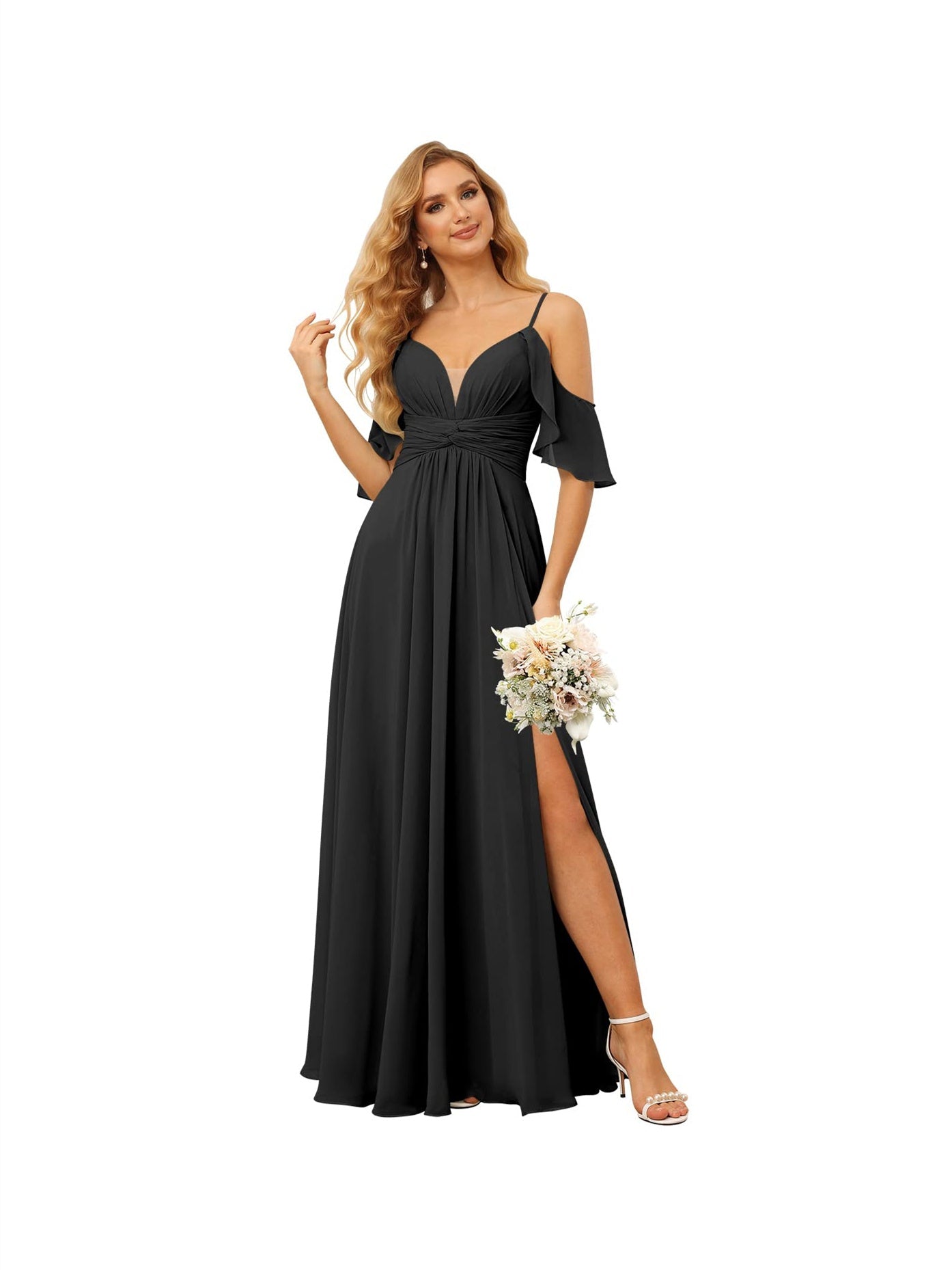 A-Line/Princess Spaghetti Straps Sleeveless Floor Length Bridesmaid Dresses Chiffon with Ruffles Split