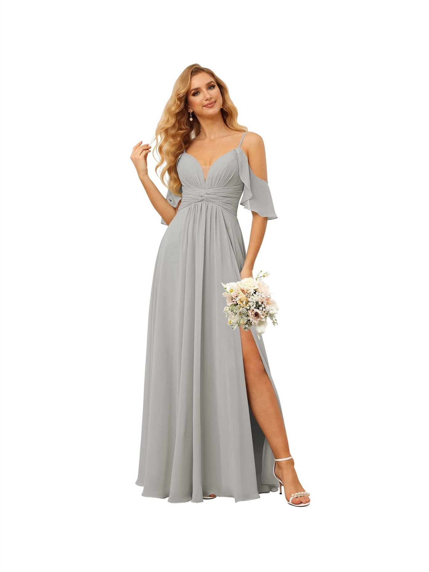 A-Line/Princess Spaghetti Straps Sleeveless Floor Length Bridesmaid Dresses Chiffon with Ruffles Split