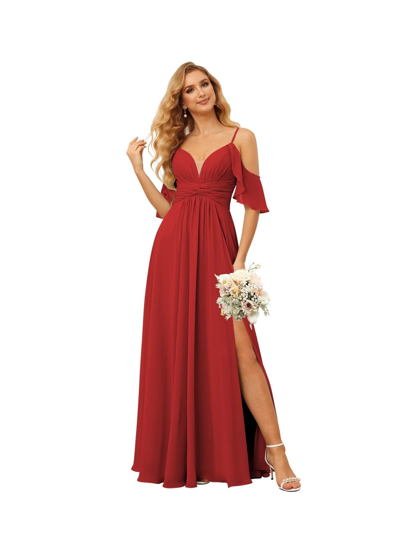 A-Line/Princess Spaghetti Straps Sleeveless Floor Length Bridesmaid Dresses Chiffon with Ruffles Split