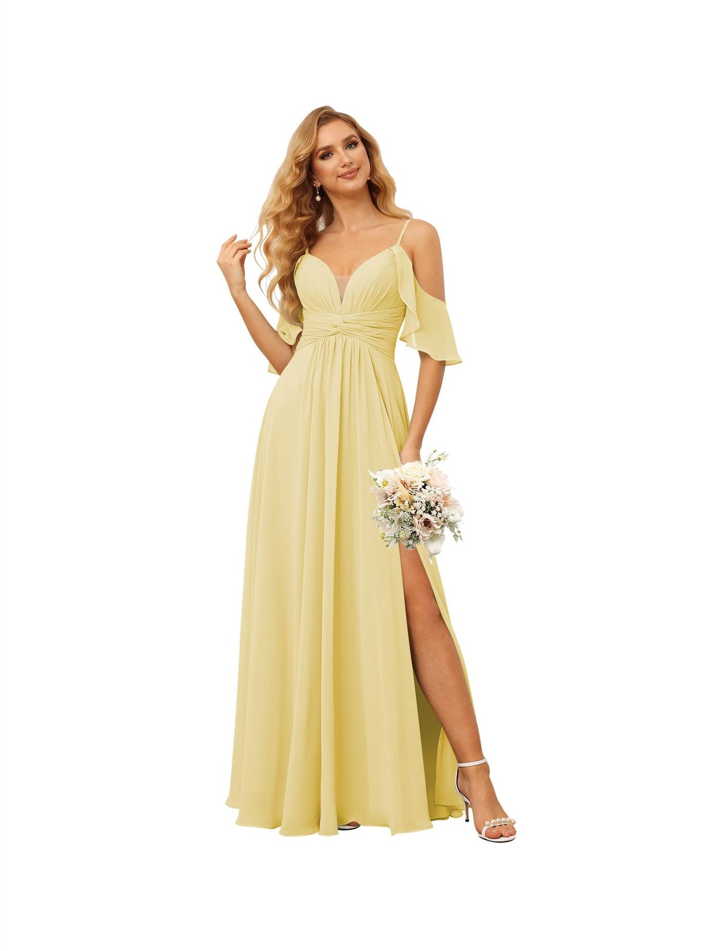 A-Line/Princess Spaghetti Straps Sleeveless Floor Length Bridesmaid Dresses Chiffon with Ruffles Split