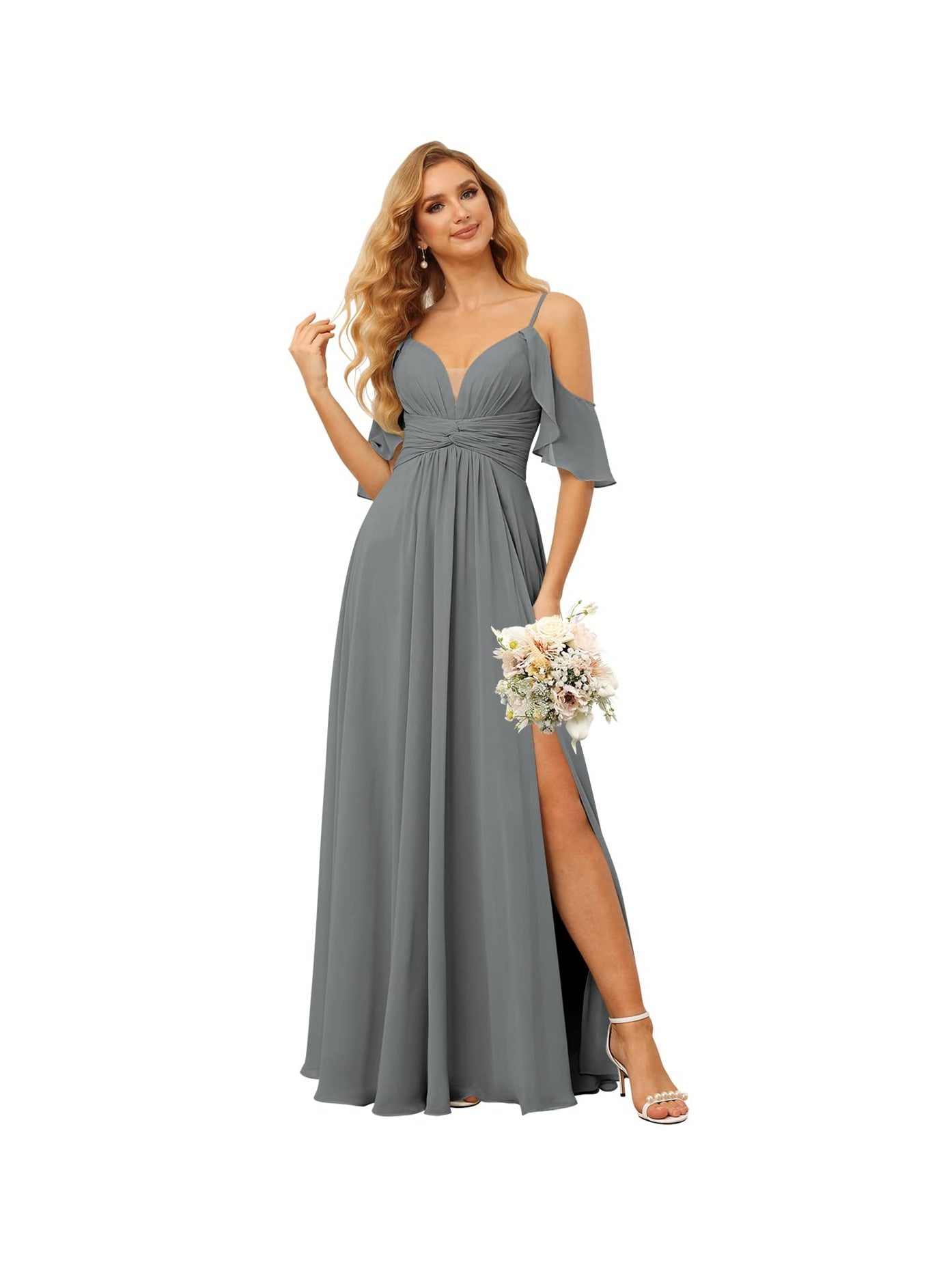 A-Line/Princess Spaghetti Straps Sleeveless Floor Length Bridesmaid Dresses Chiffon with Ruffles Split
