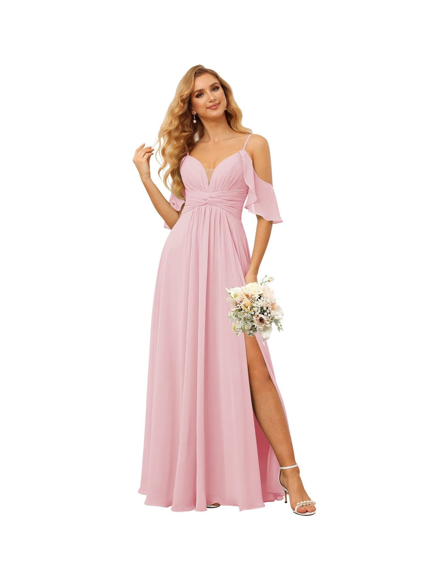 A-Line/Princess Spaghetti Straps Sleeveless Floor Length Bridesmaid Dresses Chiffon with Ruffles Split