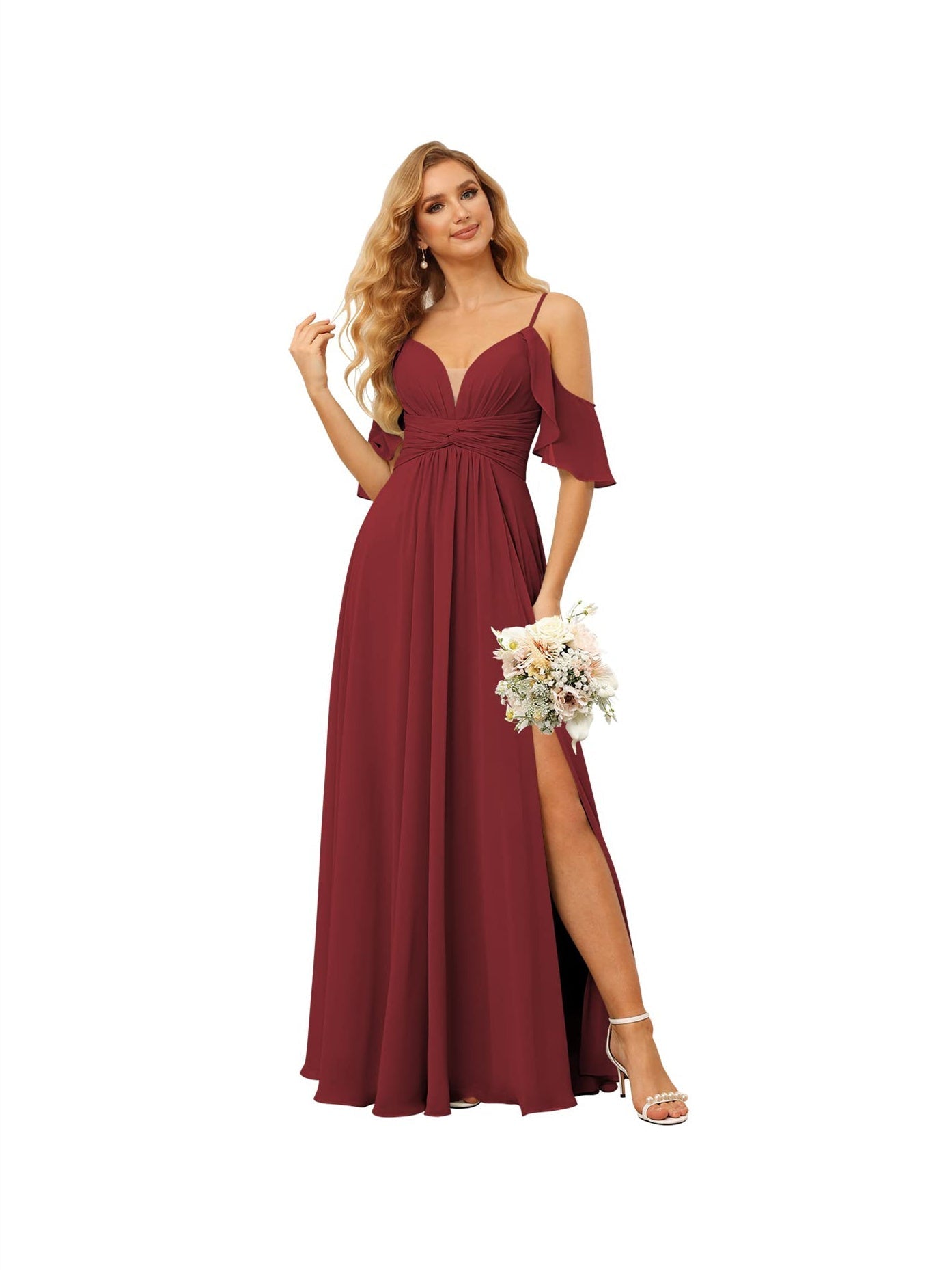 A-Line/Princess Spaghetti Straps Sleeveless Floor Length Bridesmaid Dresses Chiffon with Ruffles Split