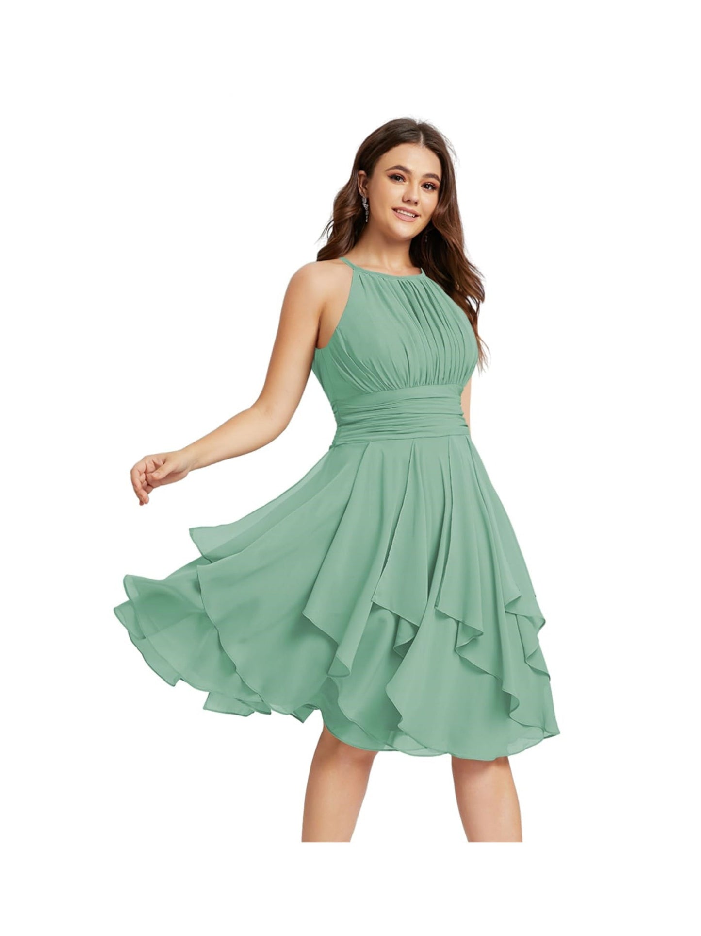 A Line/Princess Halter Sleeveless Short/Mini Bridesmaid Dresses Chiffon Ruffle Pleated Pockets
