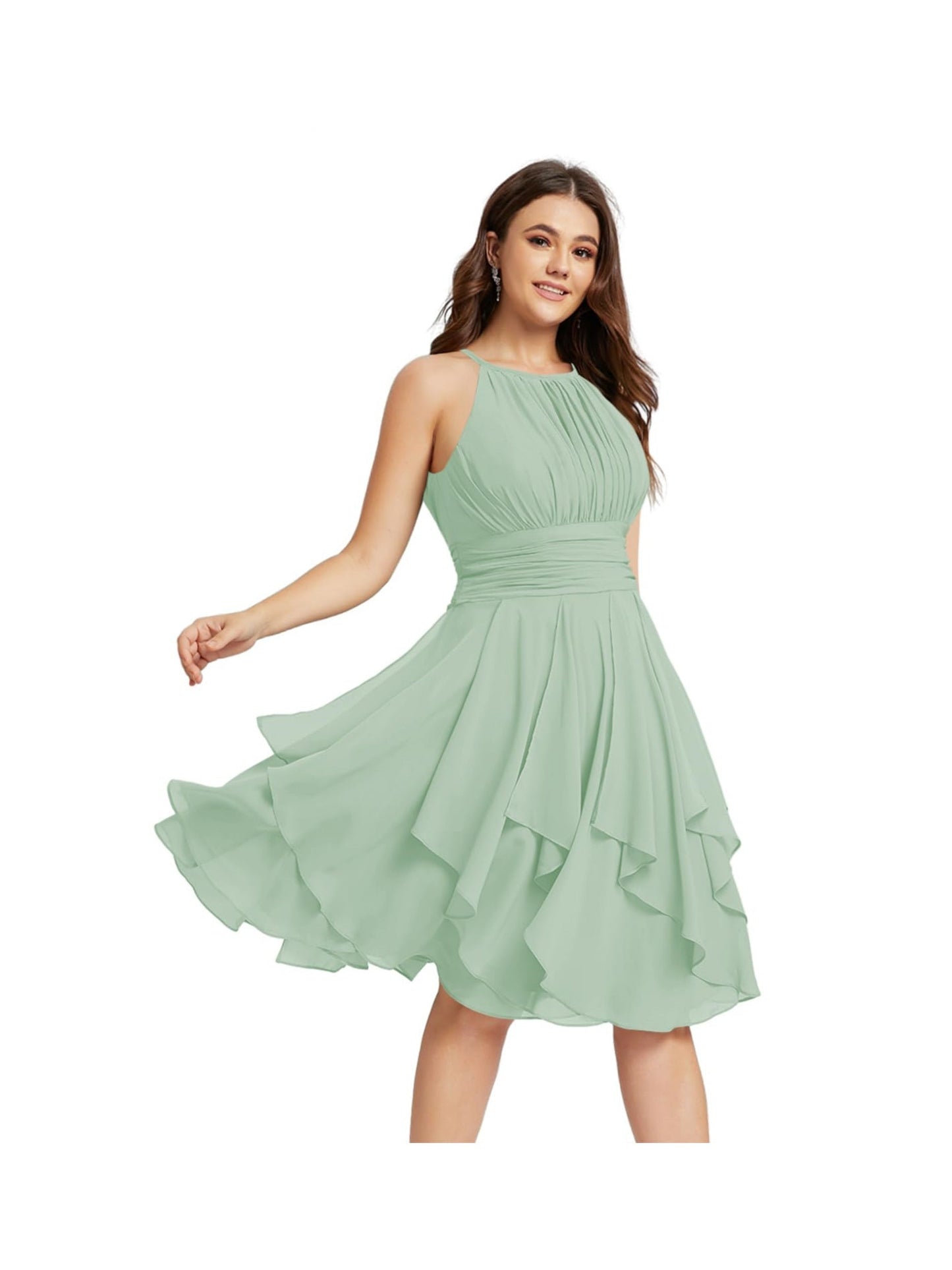 A Line/Princess Halter Sleeveless Short/Mini Bridesmaid Dresses Chiffon Ruffle Pleated Pockets