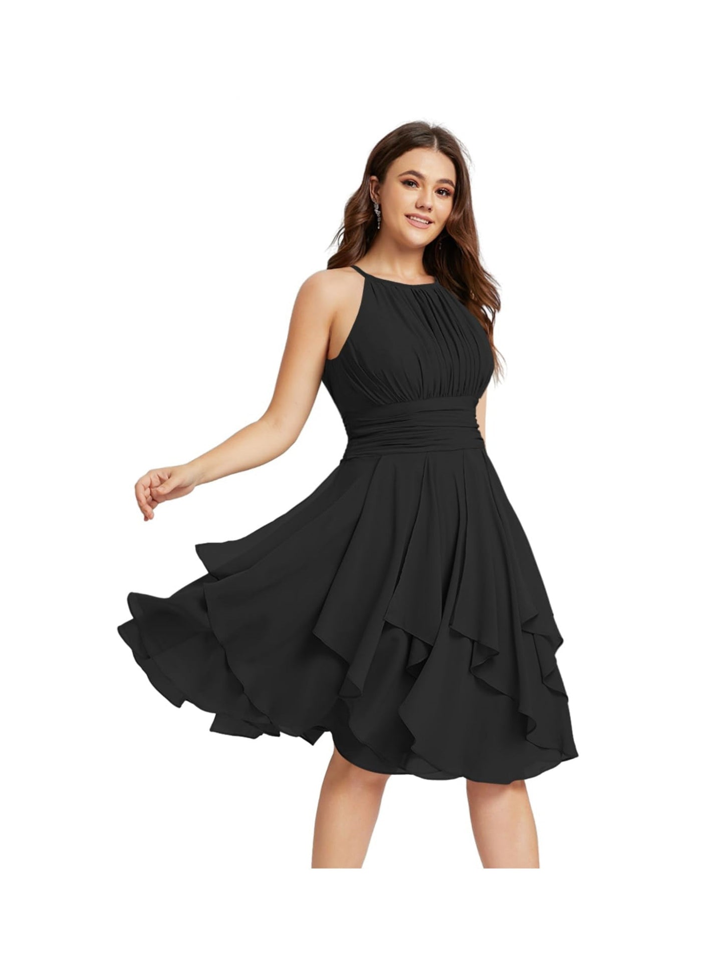 A Line/Princess Halter Sleeveless Short/Mini Bridesmaid Dresses Chiffon Ruffle Pleated Pockets