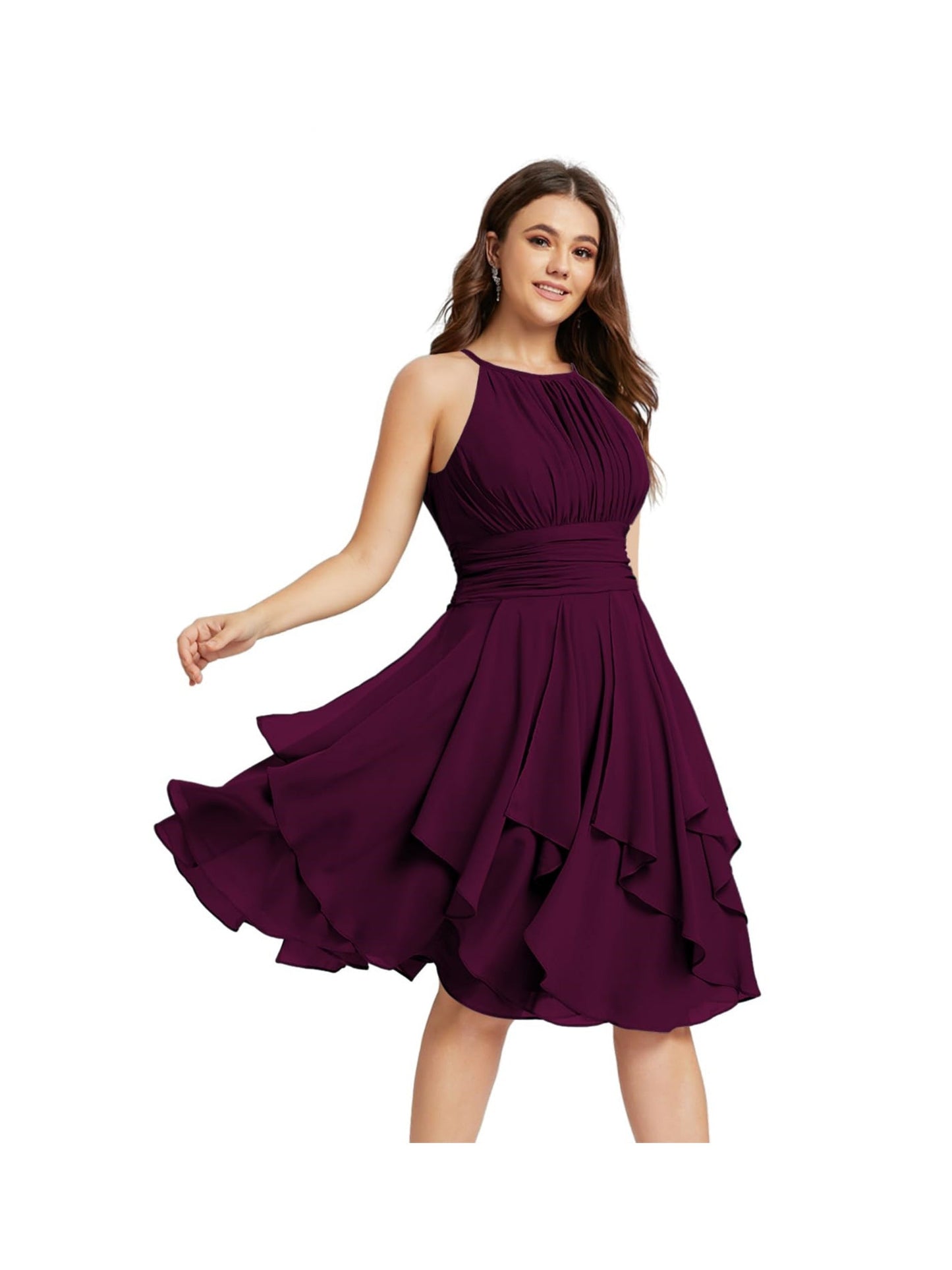 A Line/Princess Halter Sleeveless Short/Mini Bridesmaid Dresses Chiffon Ruffle Pleated Pockets