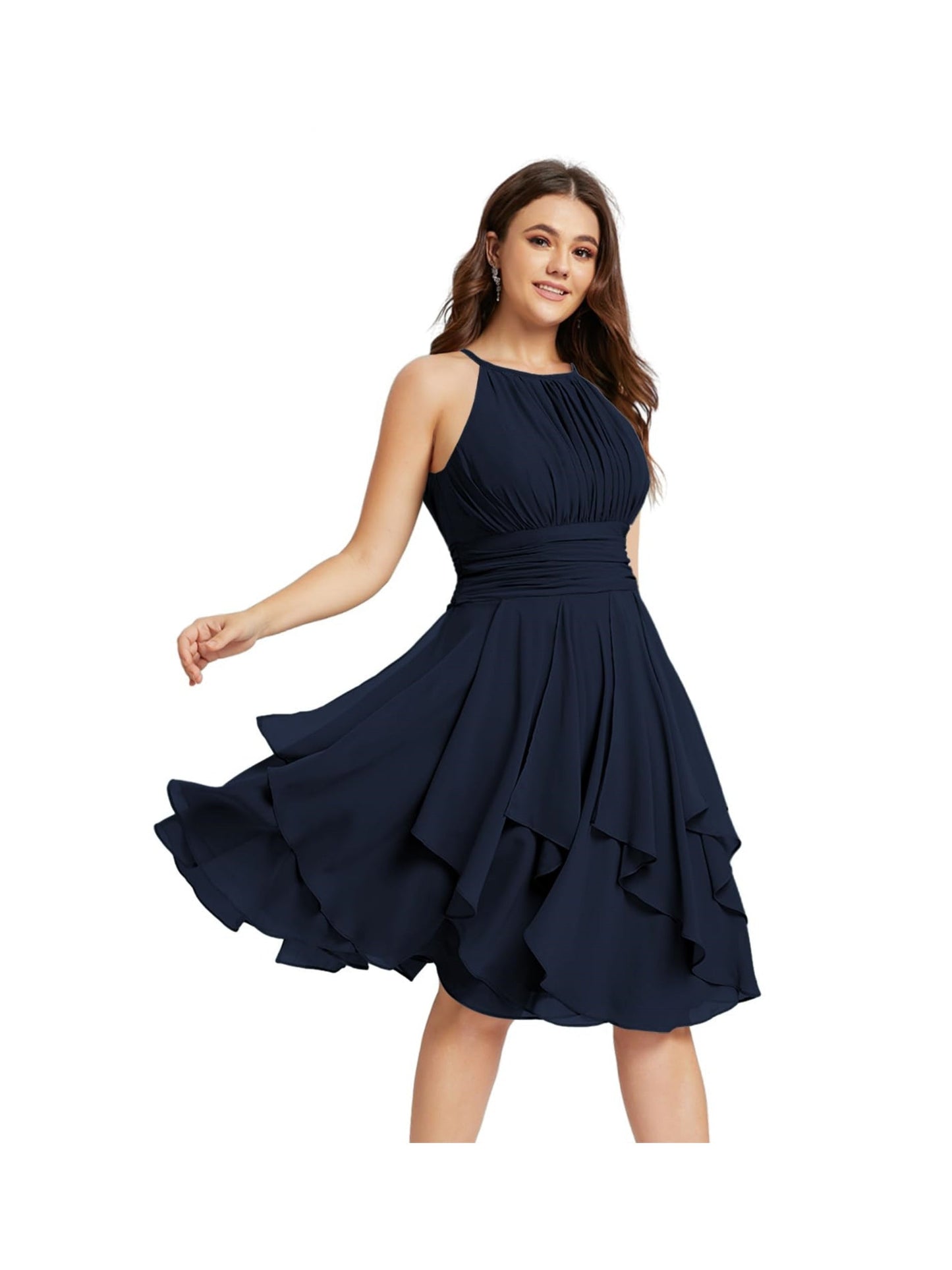 A Line/Princess Halter Sleeveless Short/Mini Bridesmaid Dresses Chiffon Ruffle Pleated Pockets