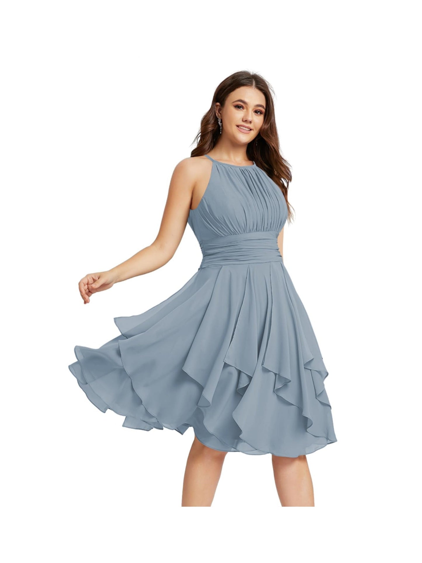 A Line/Princess Halter Sleeveless Short/Mini Bridesmaid Dresses Chiffon Ruffle Pleated Pockets